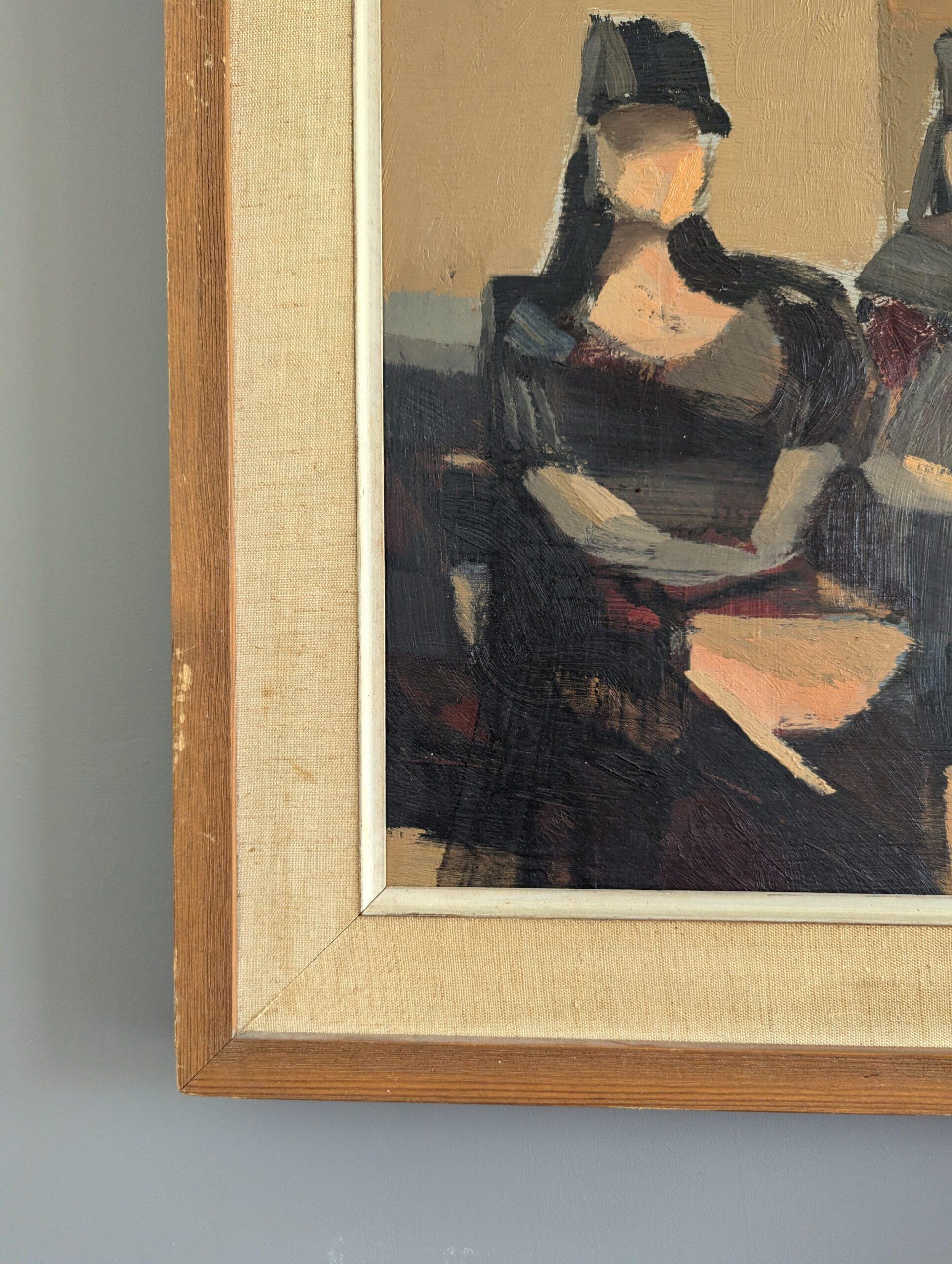 1957 Vintage Modernist Abstract Figurative Framed Oil Painting- Senoritas For Sale 4