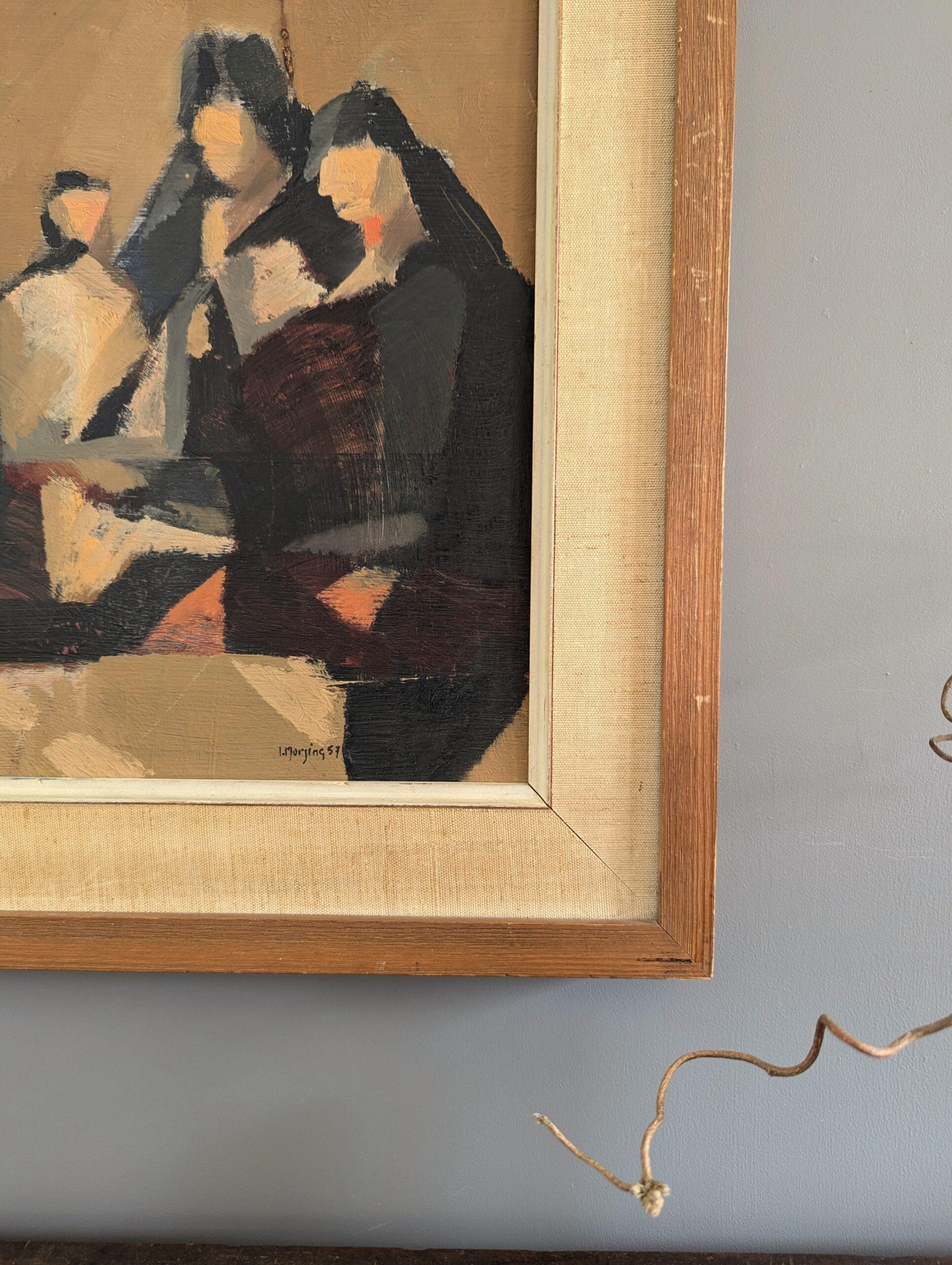 1957 Vintage Modernist Abstract Figurative Framed Oil Painting- Senoritas For Sale 5