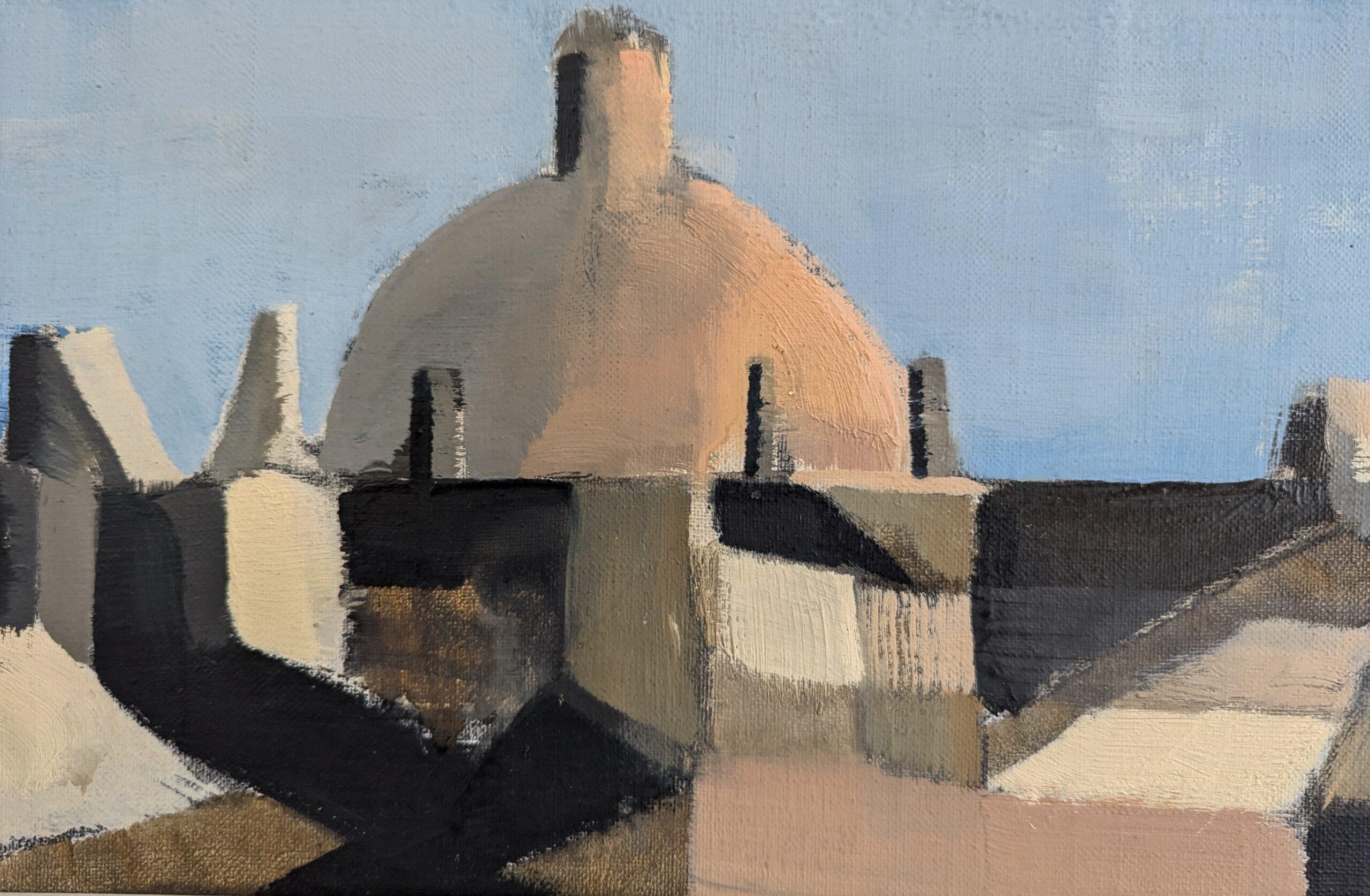 1958 Vintage Modernist Abstract Cityscape Framed Oil Painting- Spanish Dome in vendita 7