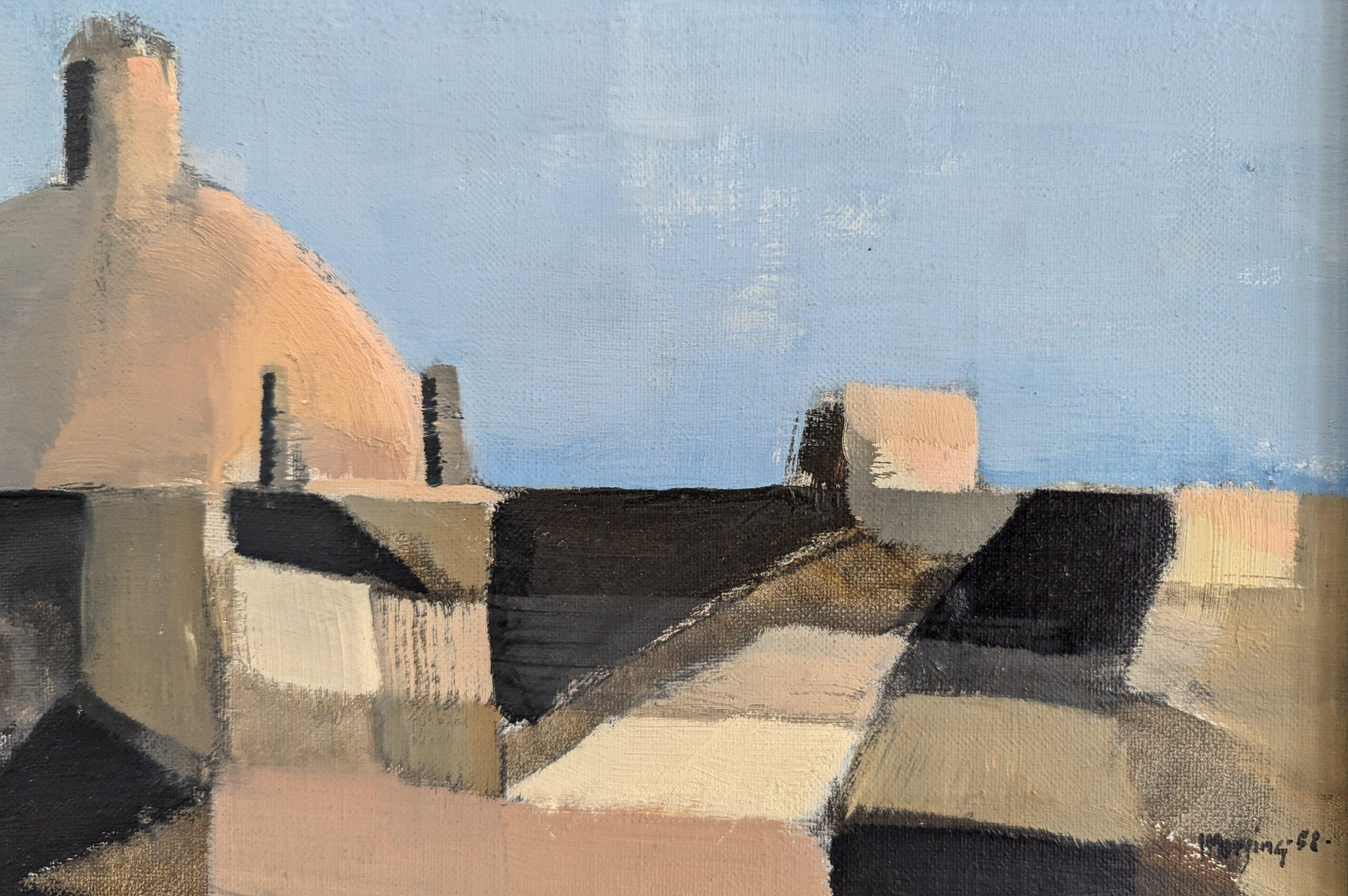 1958 Vintage Modernist Abstract Cityscape Framed Oil Painting- Spanish Dome in vendita 8