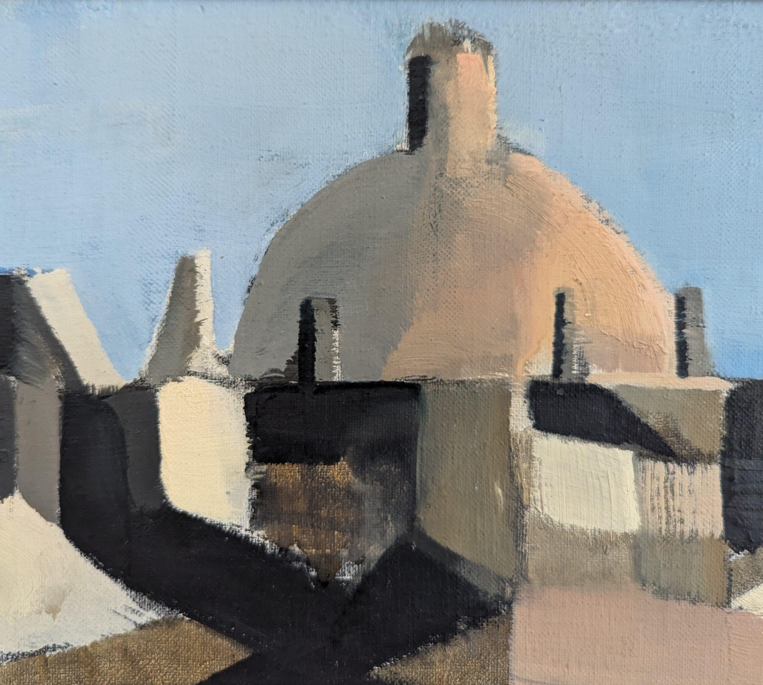 1958 Vintage Modernist Abstract Cityscape Framed Oil Painting- Spanish Dome in vendita 9