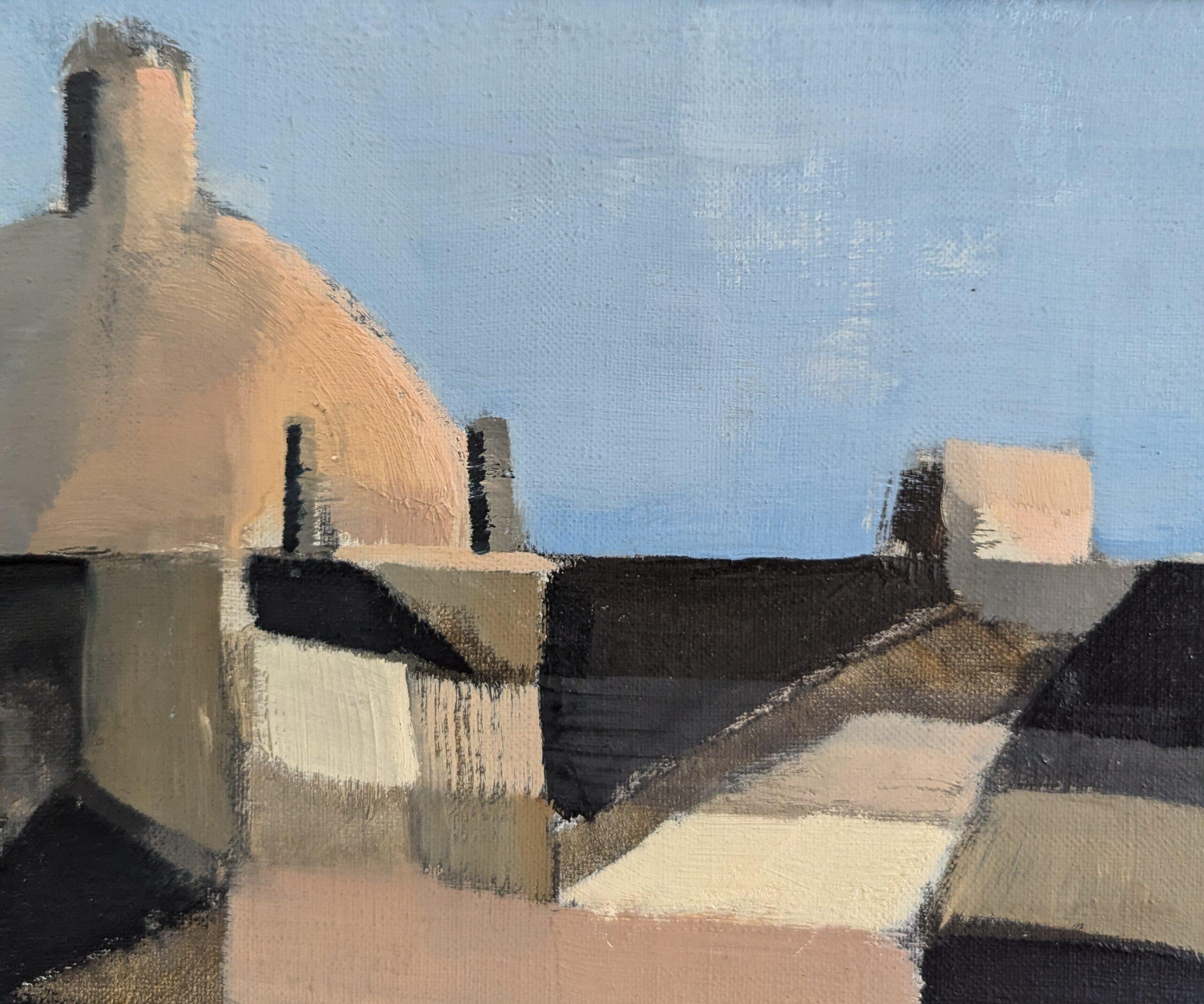 1958 Vintage Modernist Abstract Cityscape Framed Oil Painting- Spanish Dome in vendita 10