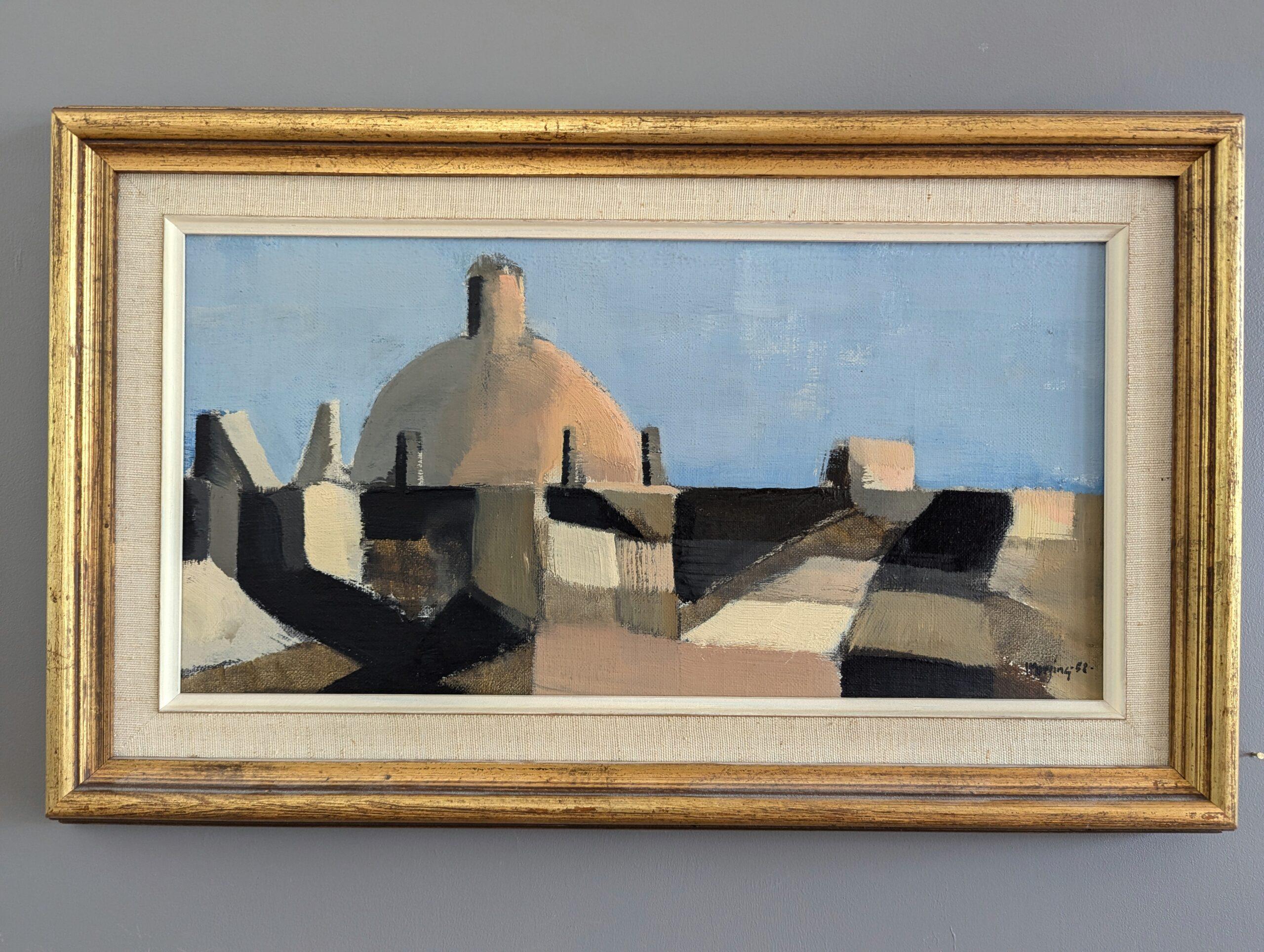 1958 Vintage Modernist Abstract Cityscape Framed Oil Painting- Spanish Dome - Abstract Painting Marrone di  Ivar Morsing