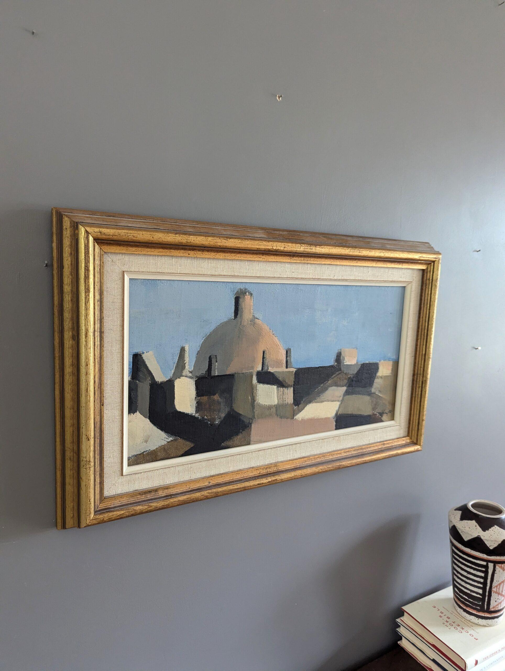1958 Vintage Modernist Abstract Cityscape Framed Oil Painting- Spanish Dome in vendita 1