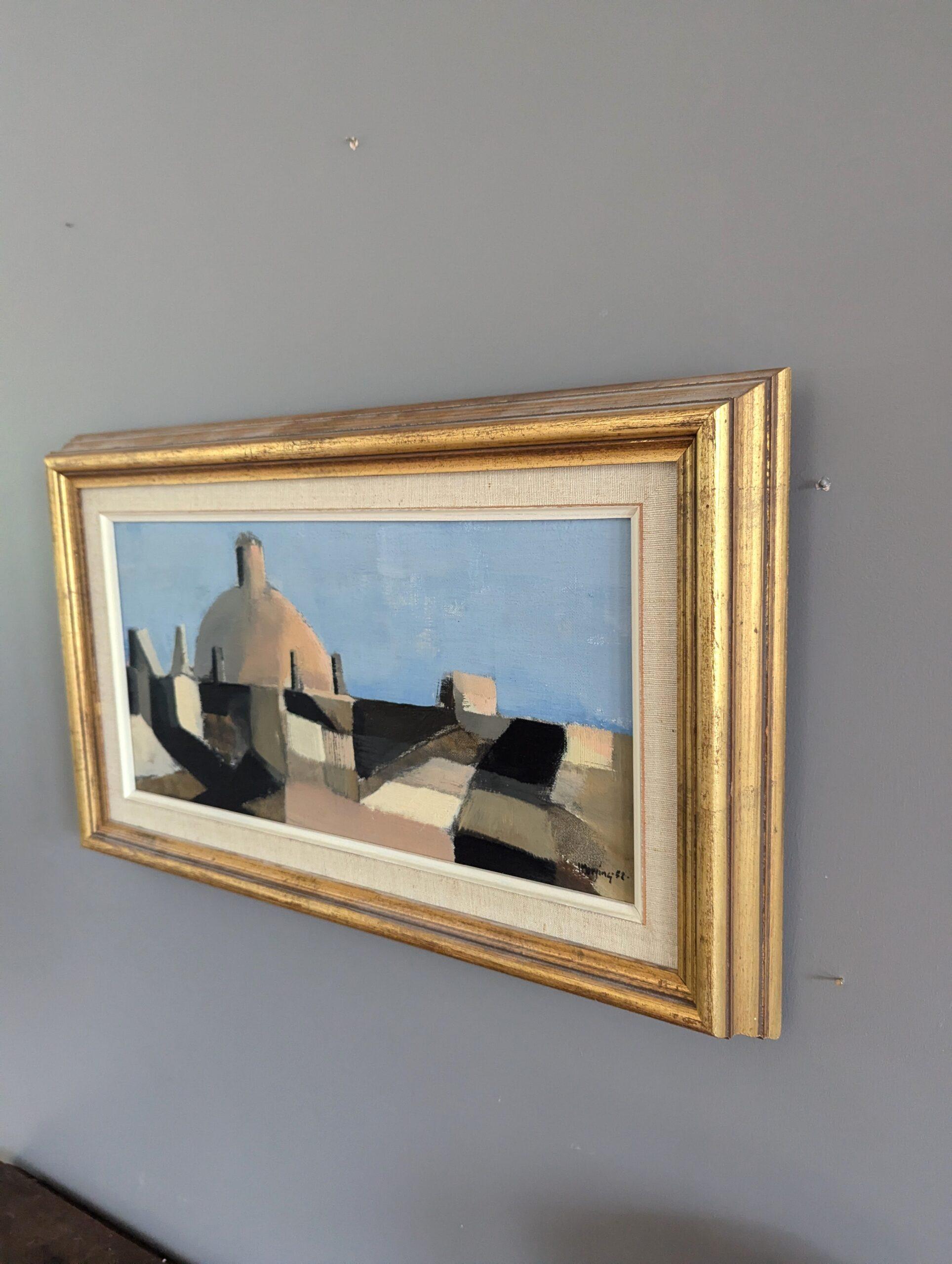 1958 Vintage Modernist Abstract Cityscape Framed Oil Painting- Spanish Dome in vendita 2
