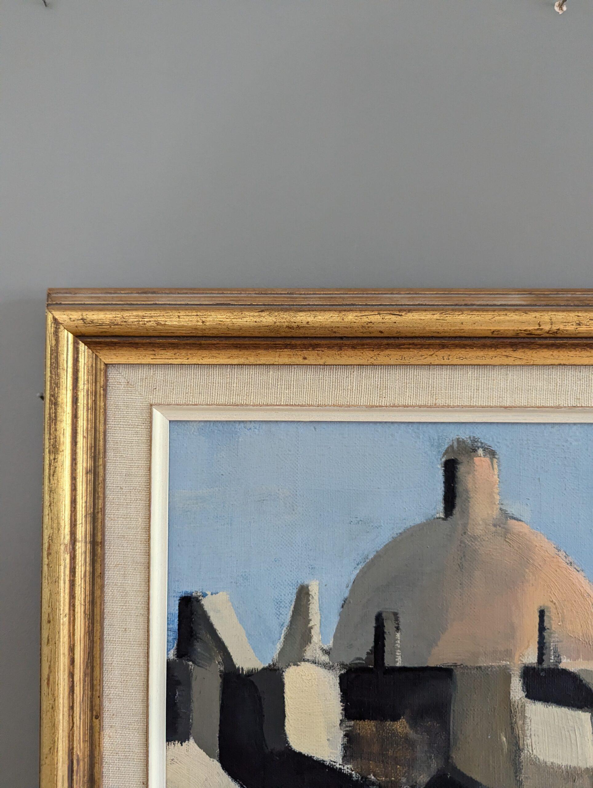 1958 Vintage Modernist Abstract Cityscape Framed Oil Painting- Spanish Dome in vendita 3