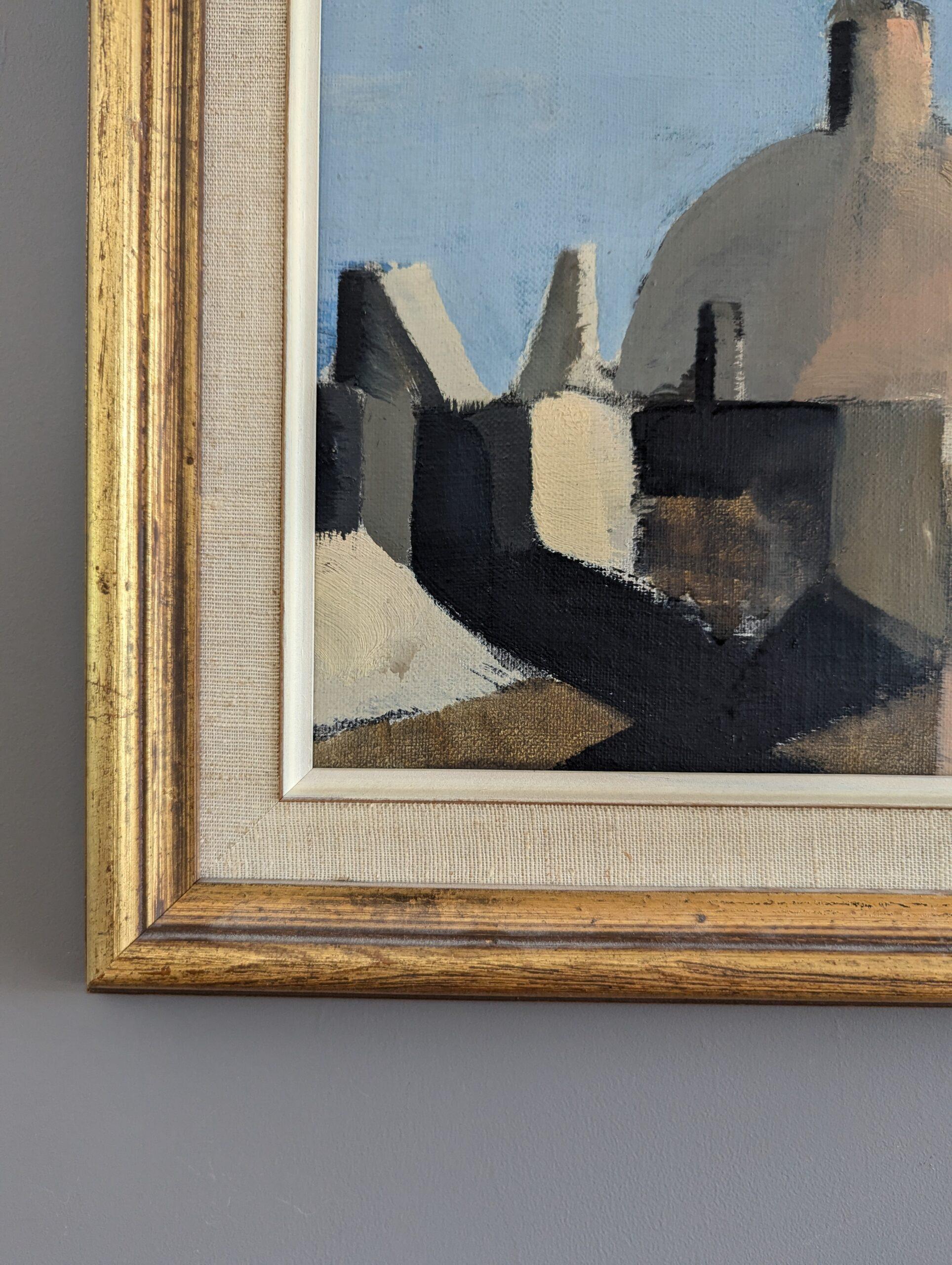 1958 Vintage Modernist Abstract Cityscape Framed Oil Painting- Spanish Dome in vendita 4