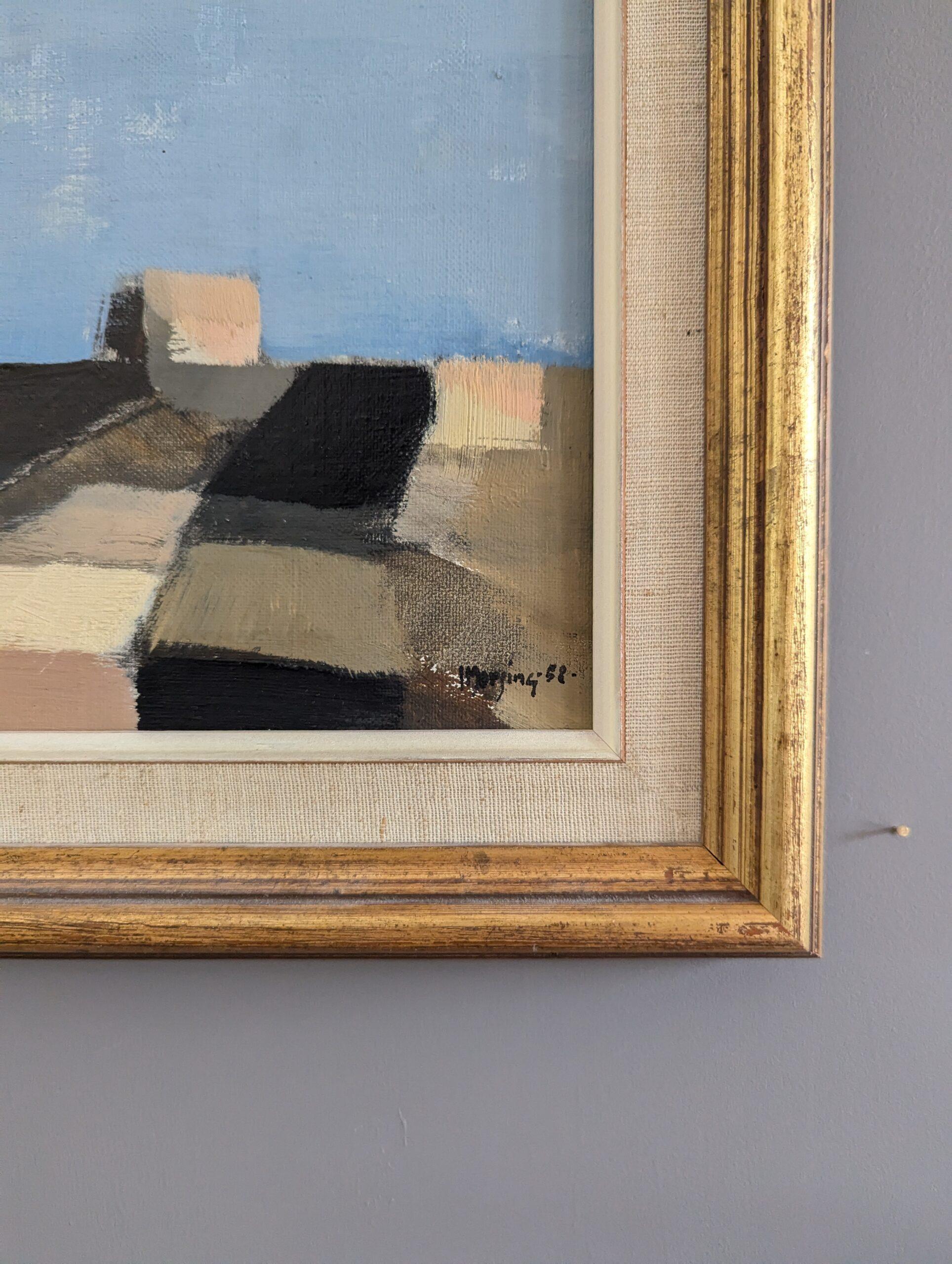 1958 Vintage Modernist Abstract Cityscape Framed Oil Painting- Spanish Dome in vendita 5