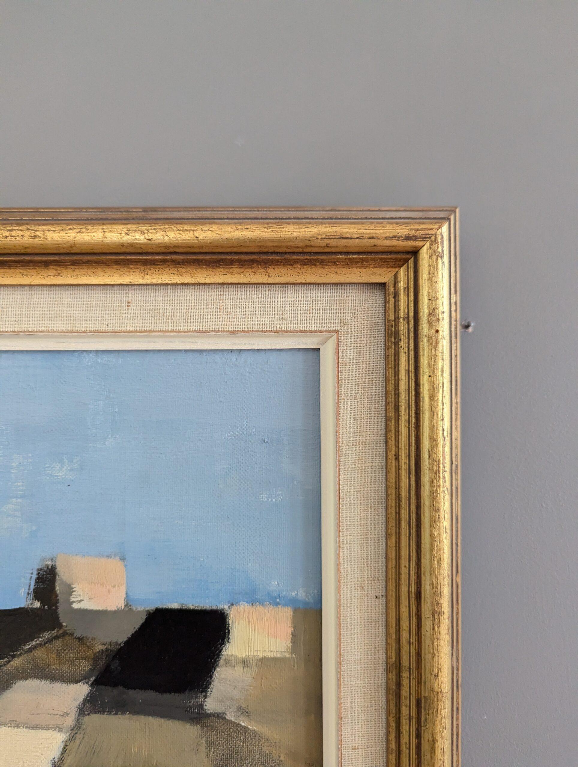 1958 Vintage Modernist Abstract Cityscape Framed Oil Painting- Spanish Dome in vendita 6