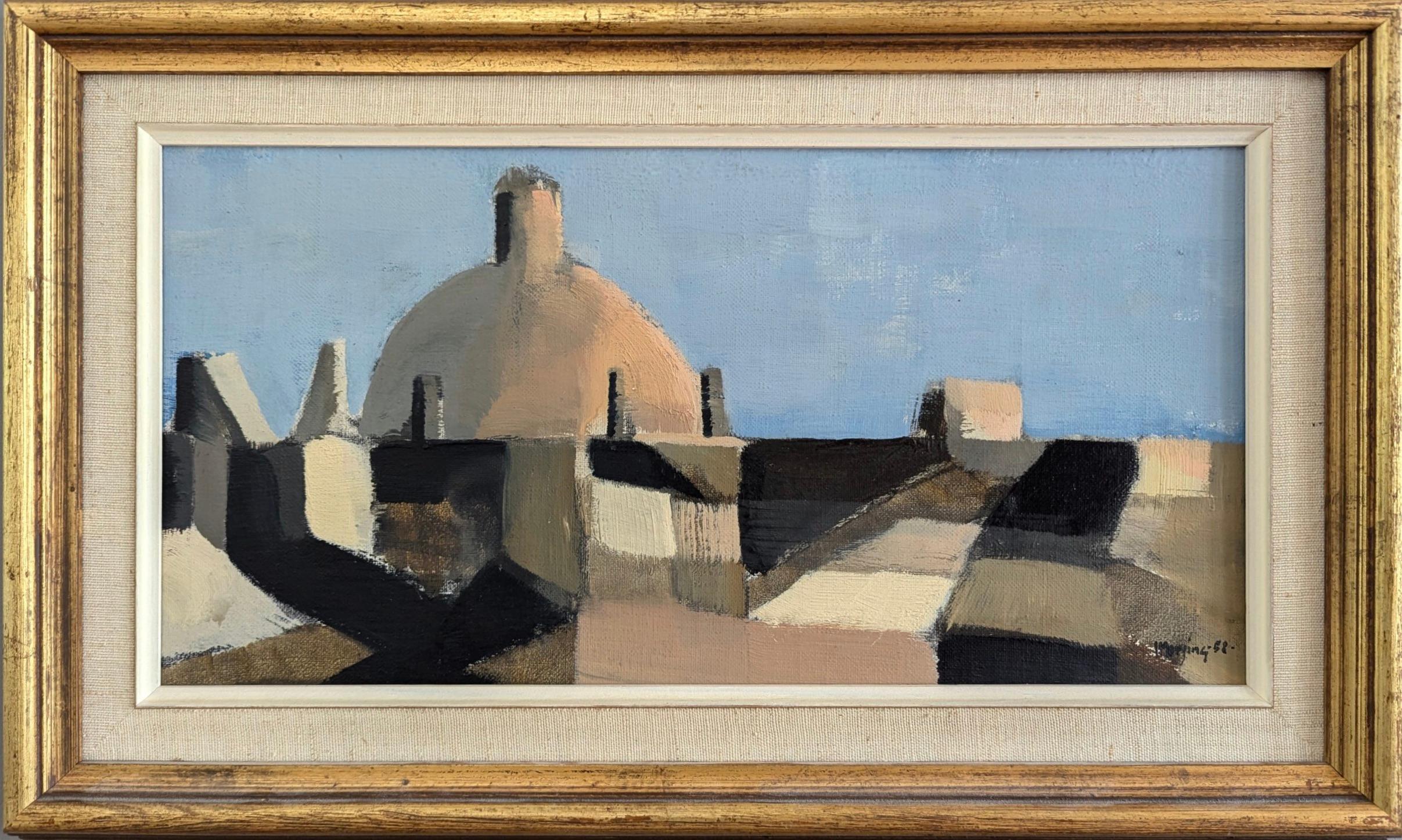 Abstract Painting di  Ivar Morsing - 1958 Vintage Modernist Abstract Cityscape Framed Oil Painting- Spanish Dome