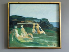 1973 Pintura al óleo figurativa abstracta modernista vintage - Recuerdos junto al mar