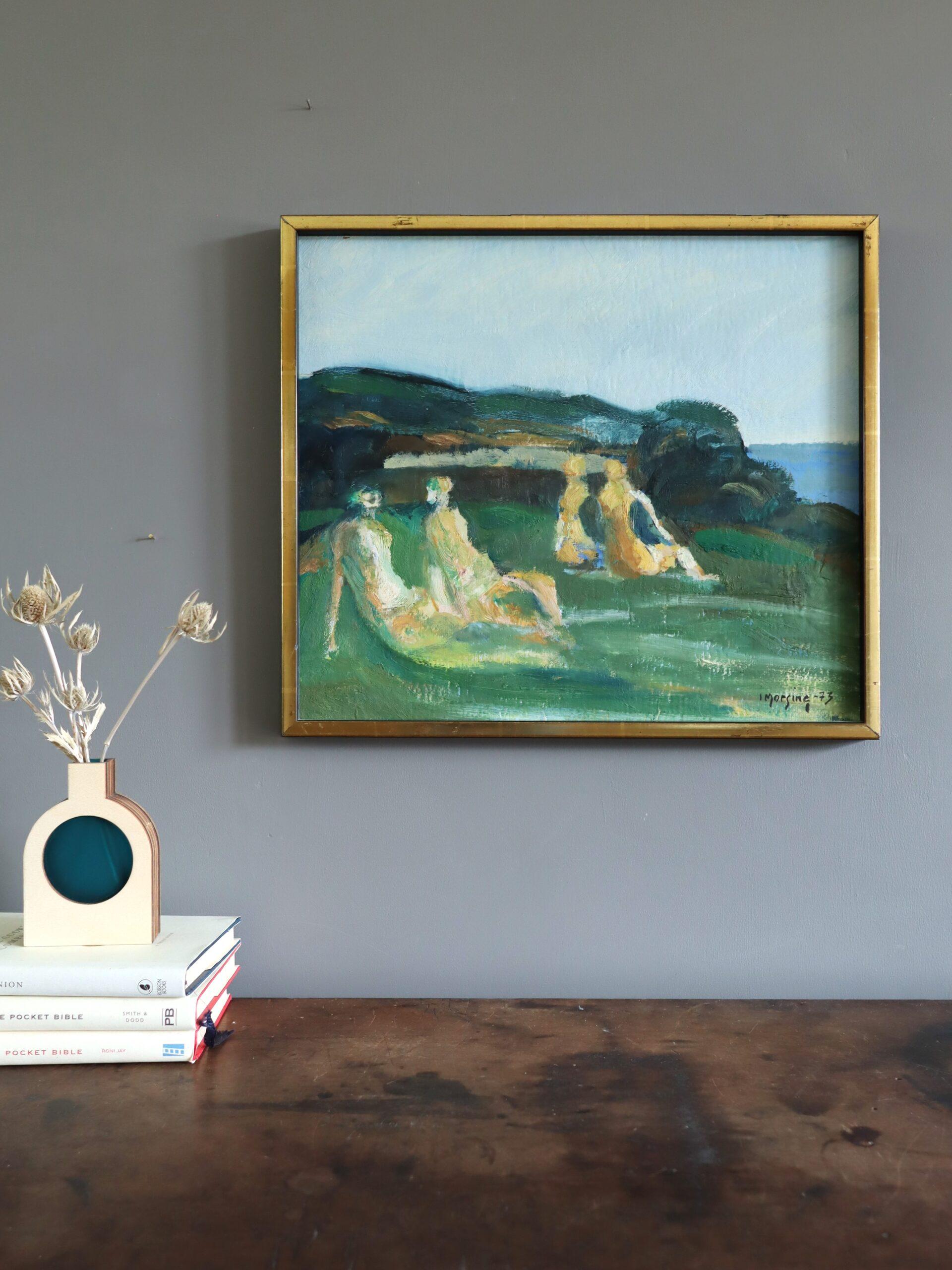 MEMORIES BY THE SEA
Size: 38.5 x 44 cm (including frame)
Oil on Board

A serene figurative composition dated 1973 and painted in oil onto board by the established Swedish artist Ivar Morsing (1919-2009), whose works have been exhibited in public