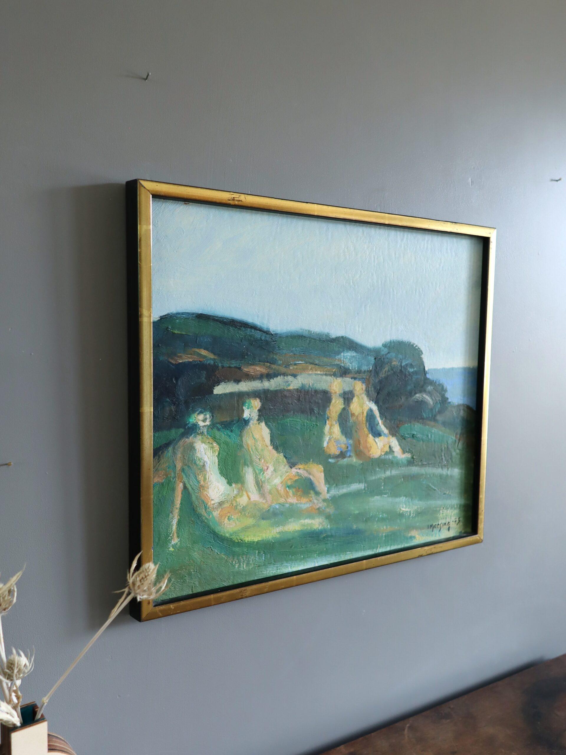 1973 Vintage Modernist Abstract Figurative Oil Painting - Memories by the Sea For Sale 1