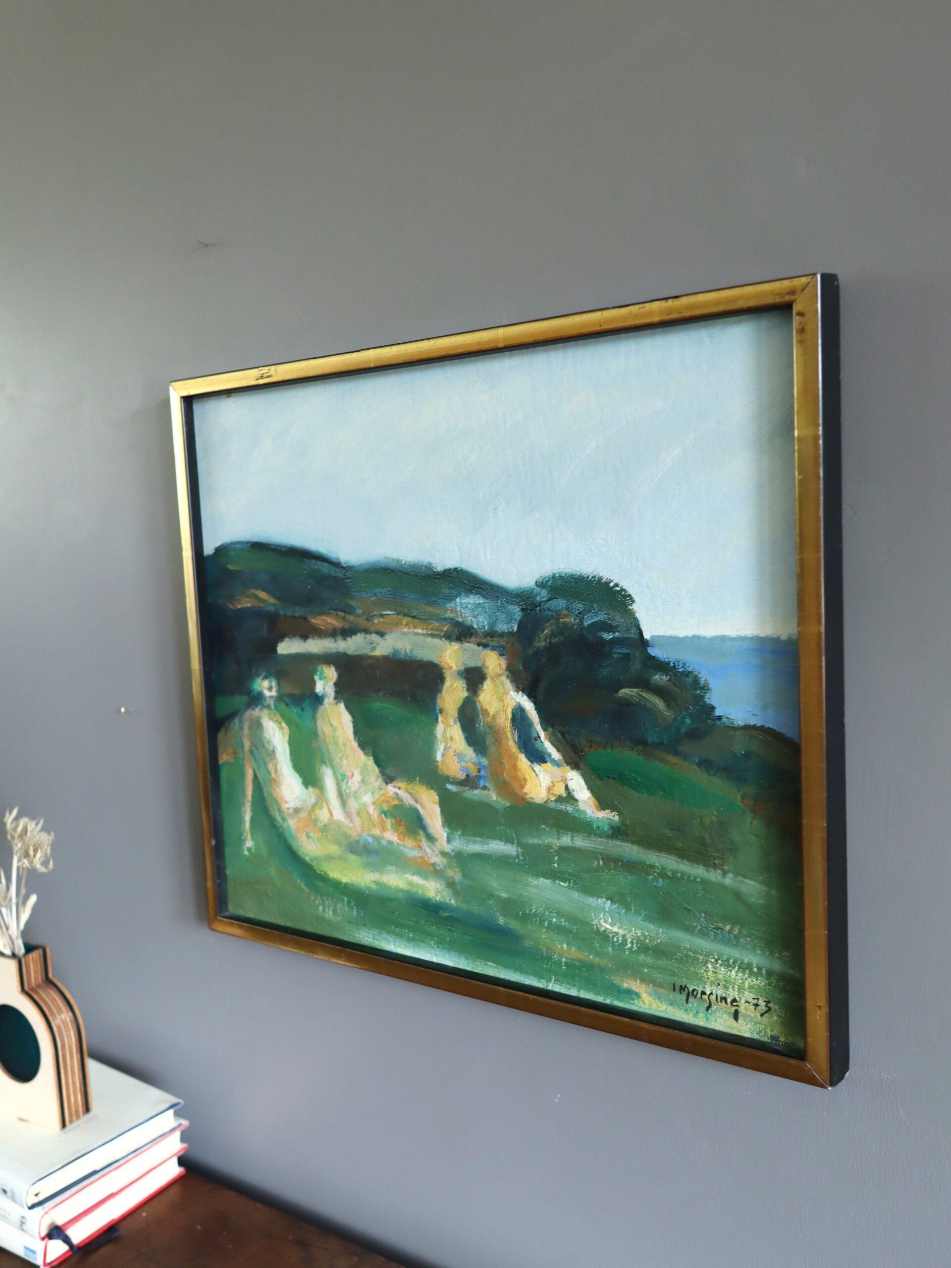 1973 Vintage Modernist Abstract Figurative Oil Painting - Memories by the Sea For Sale 2
