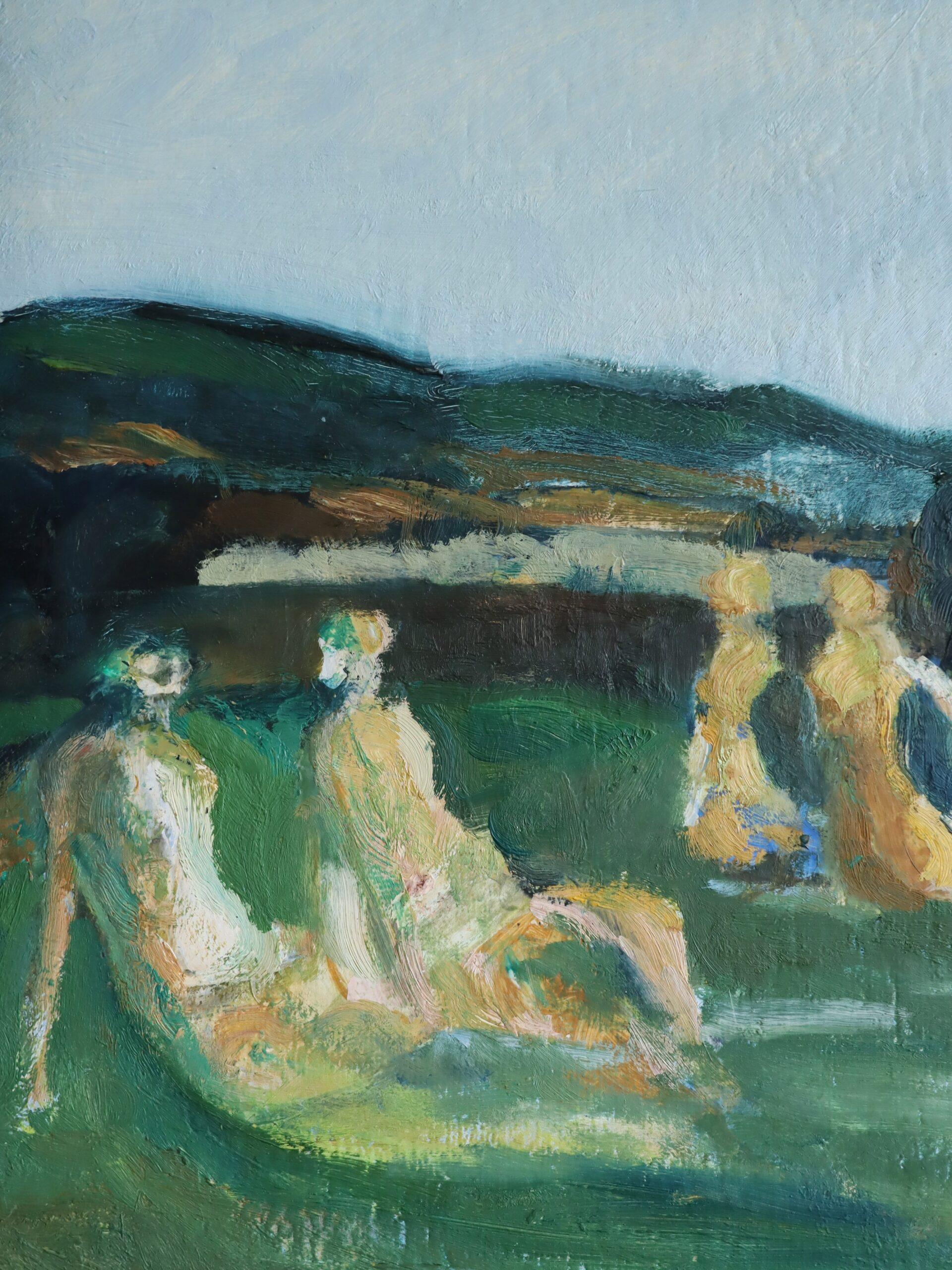 1973 Vintage Modernist Abstract Figurative Oil Painting - Memories by the Sea For Sale 5