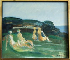 1973 Vintage Modernist Abstract Figurative Oil Painting - Memories by the Sea