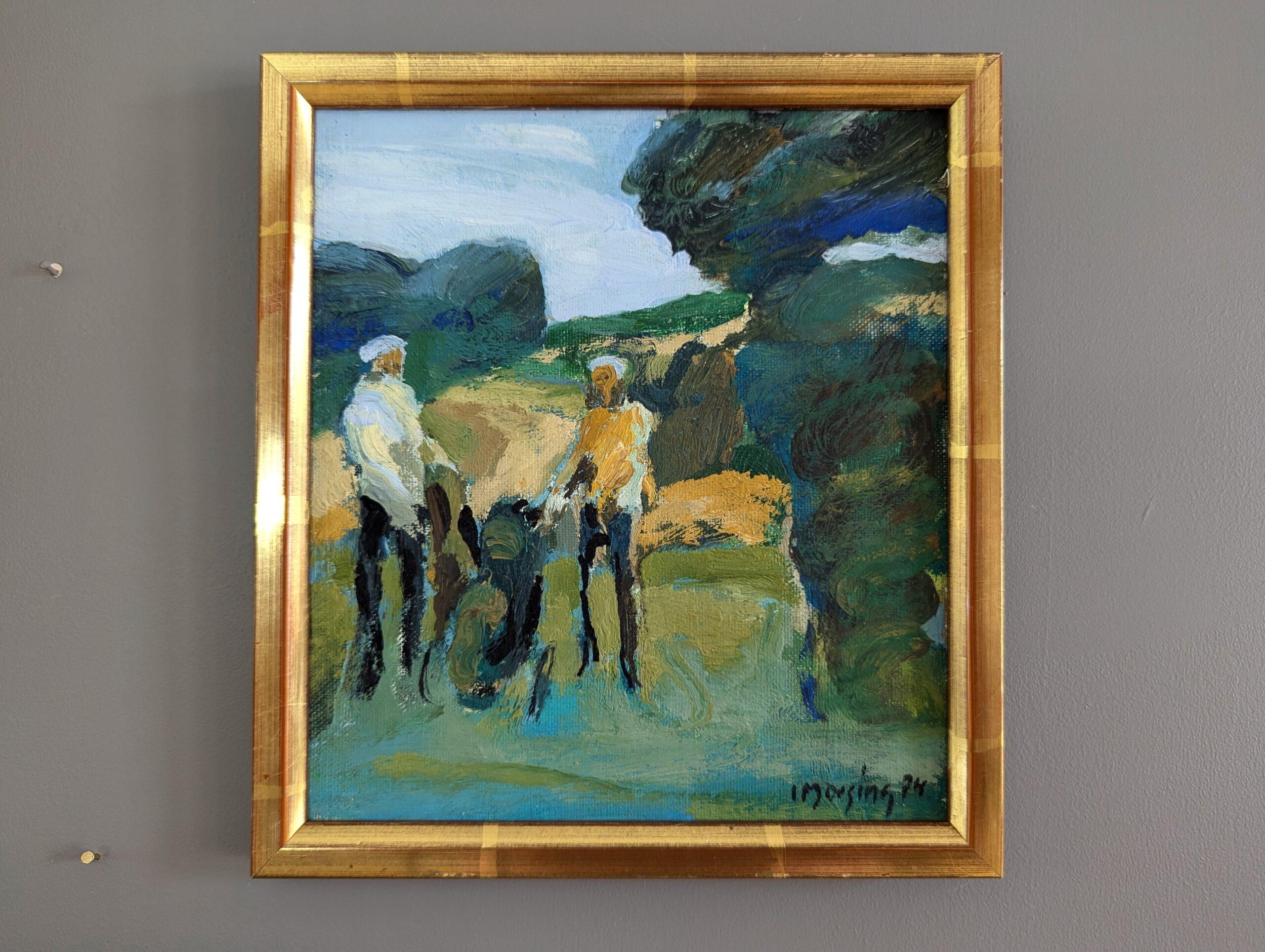 1974 Mini Vintage Mid-Century Modern Abstract Figurative Oil Painting - Golfisti - Abstract Painting Nero di  Ivar Morsing
