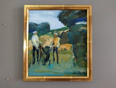 1974 Mini Vintage Mid-Century Modern Abstract Figurative Oil Painting - Golfers