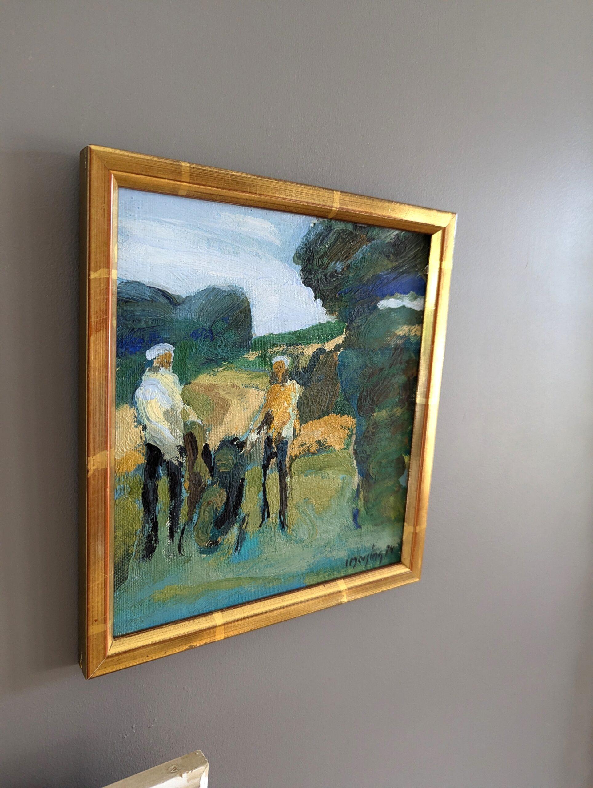 1974 Mini Vintage Mid-Century Modern Abstract Figurative Oil Painting - Golfisti 1