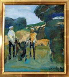 1974 Mini peinture à l'huile abstraite figurative Vintage Mid-Century Modern - Golfers