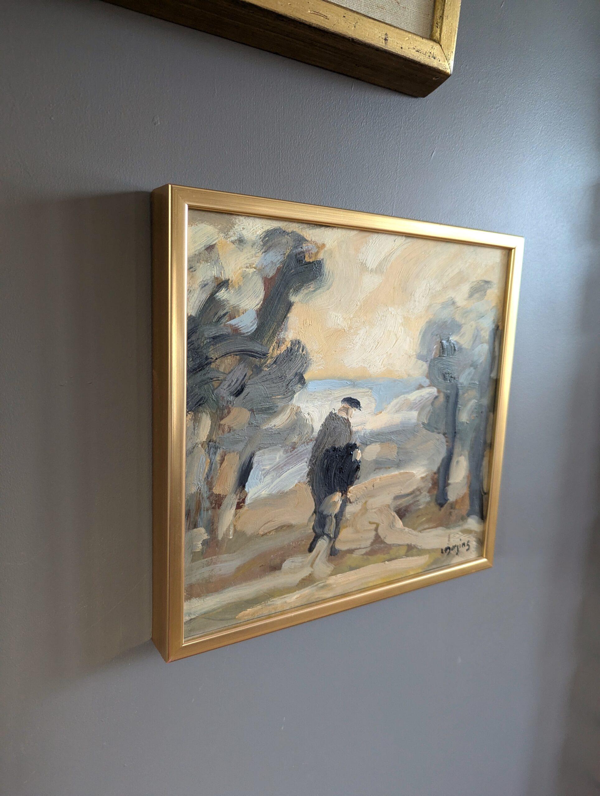 Mini pittura ad olio astratta astratta di paesaggio di metà secolo - Il sentiero meno battuto in vendita 1