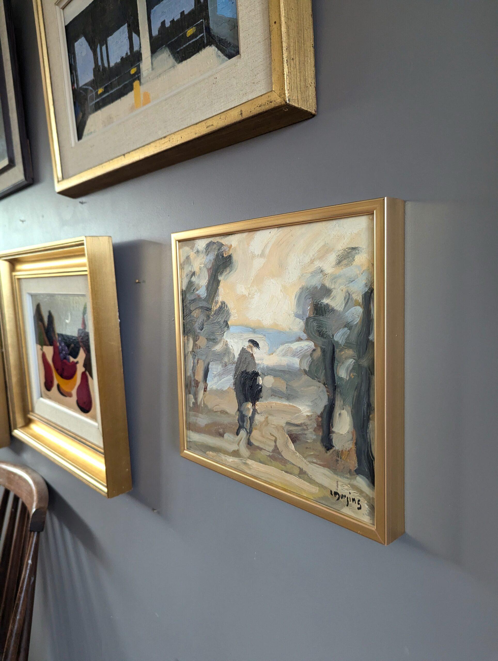 Mini pittura ad olio astratta astratta di paesaggio di metà secolo - Il sentiero meno battuto in vendita 2