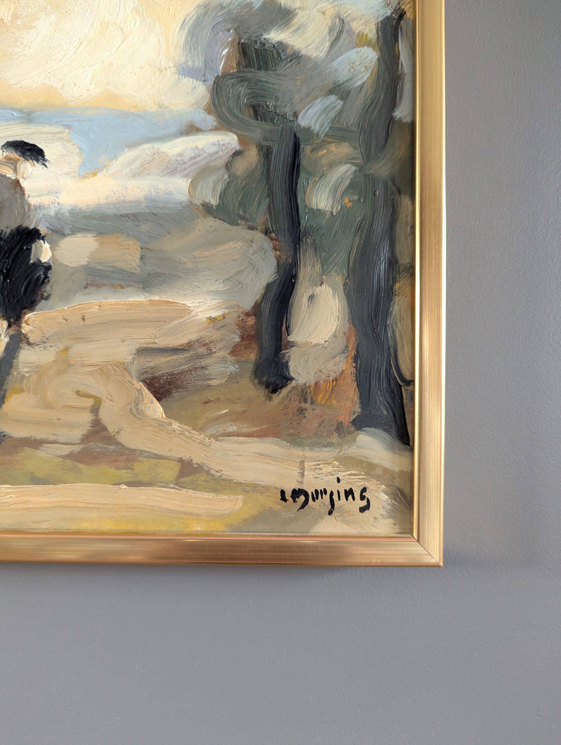 Mini pittura ad olio astratta astratta di paesaggio di metà secolo - Il sentiero meno battuto in vendita 3