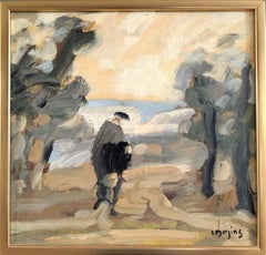 Mini pintura al óleo abstracta al óleo de paisajes figurativos de mediados de siglo - El camino menos transitado