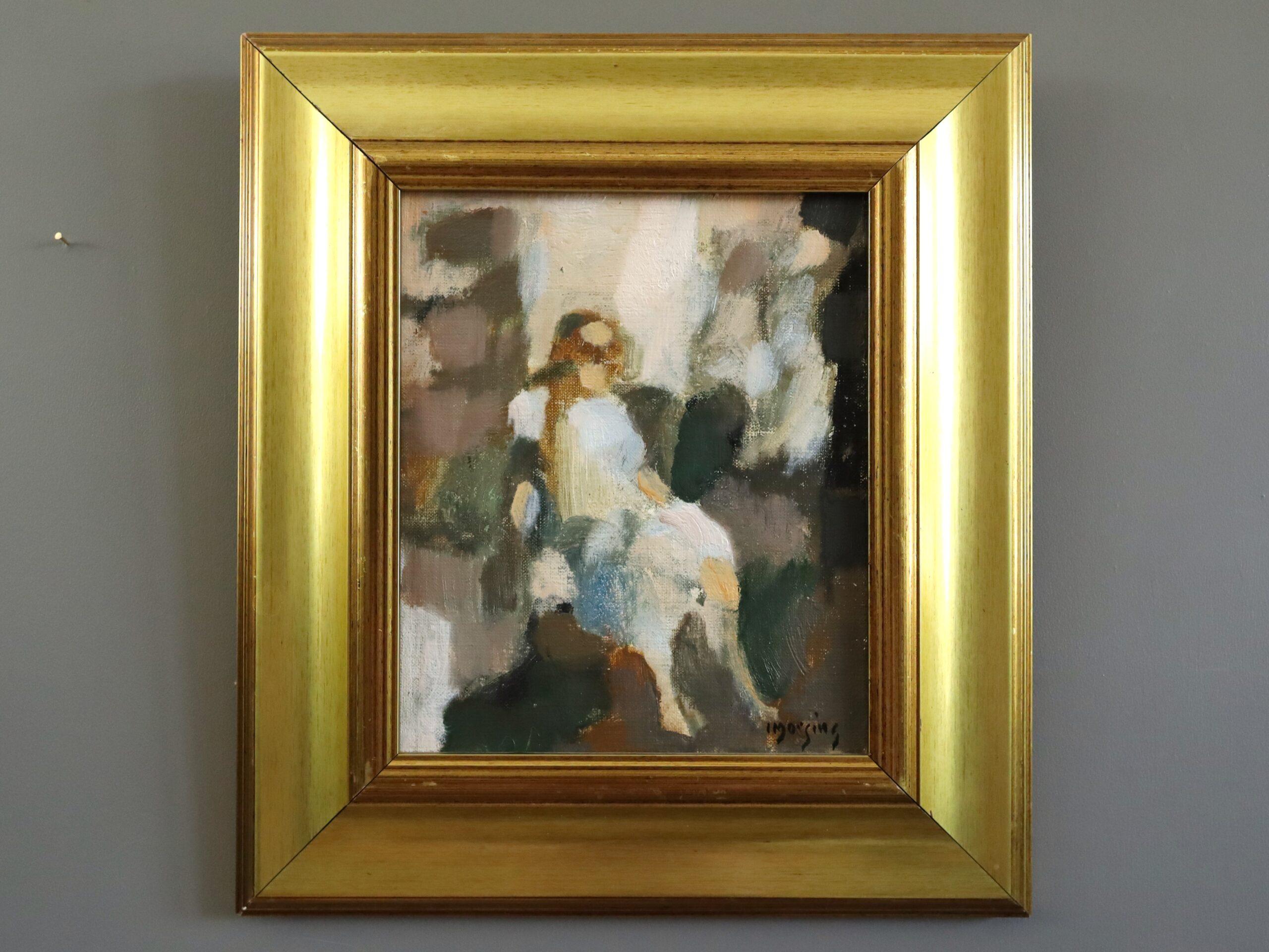 Mid Century Modernes Mini Abstraktes Figuratives Ölgemälde - Frau in Ruhestellung – Painting von  Ivar Morsing