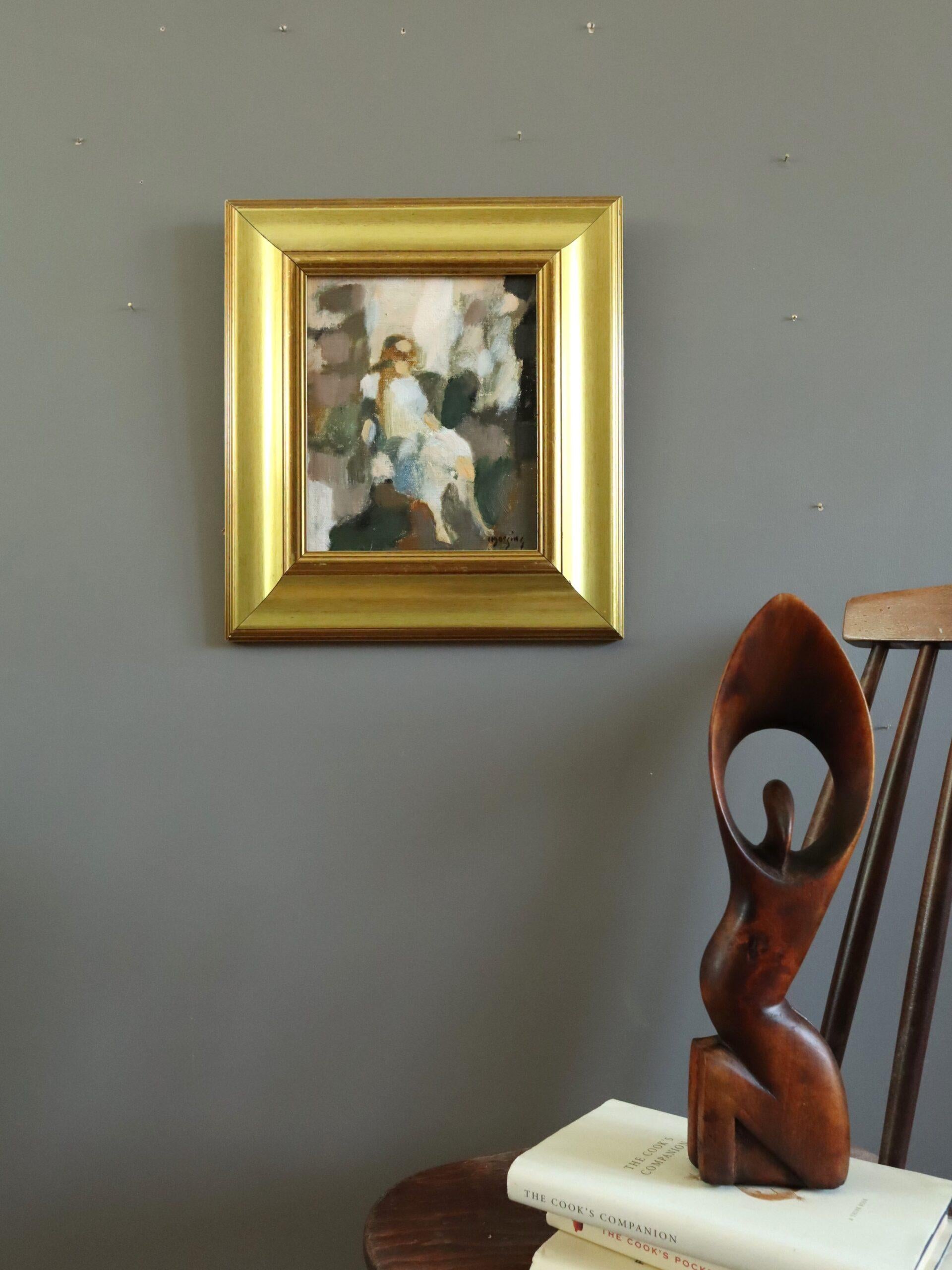Mid Century Modernes Mini Abstraktes Figuratives Ölgemälde - Frau in Ruhestellung (Braun), Abstract Painting, von  Ivar Morsing