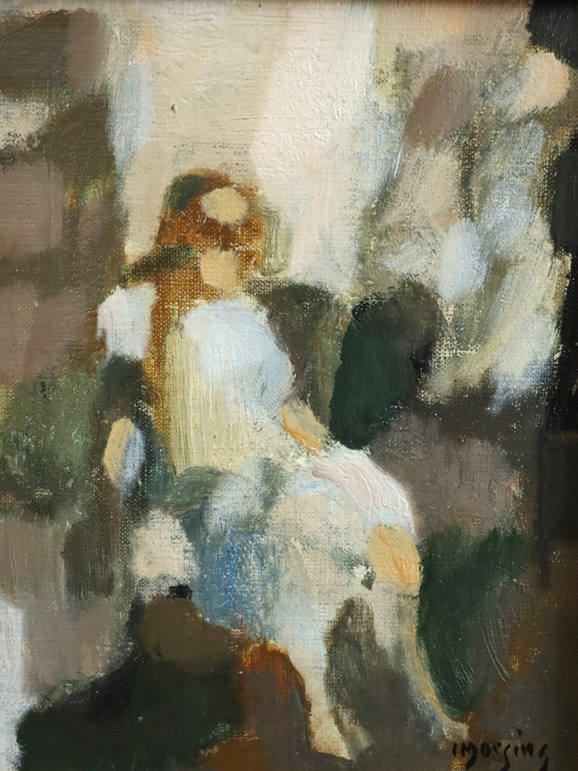 Mid Century Modernes Mini Abstraktes Figuratives Ölgemälde - Frau in Ruhestellung im Angebot 4