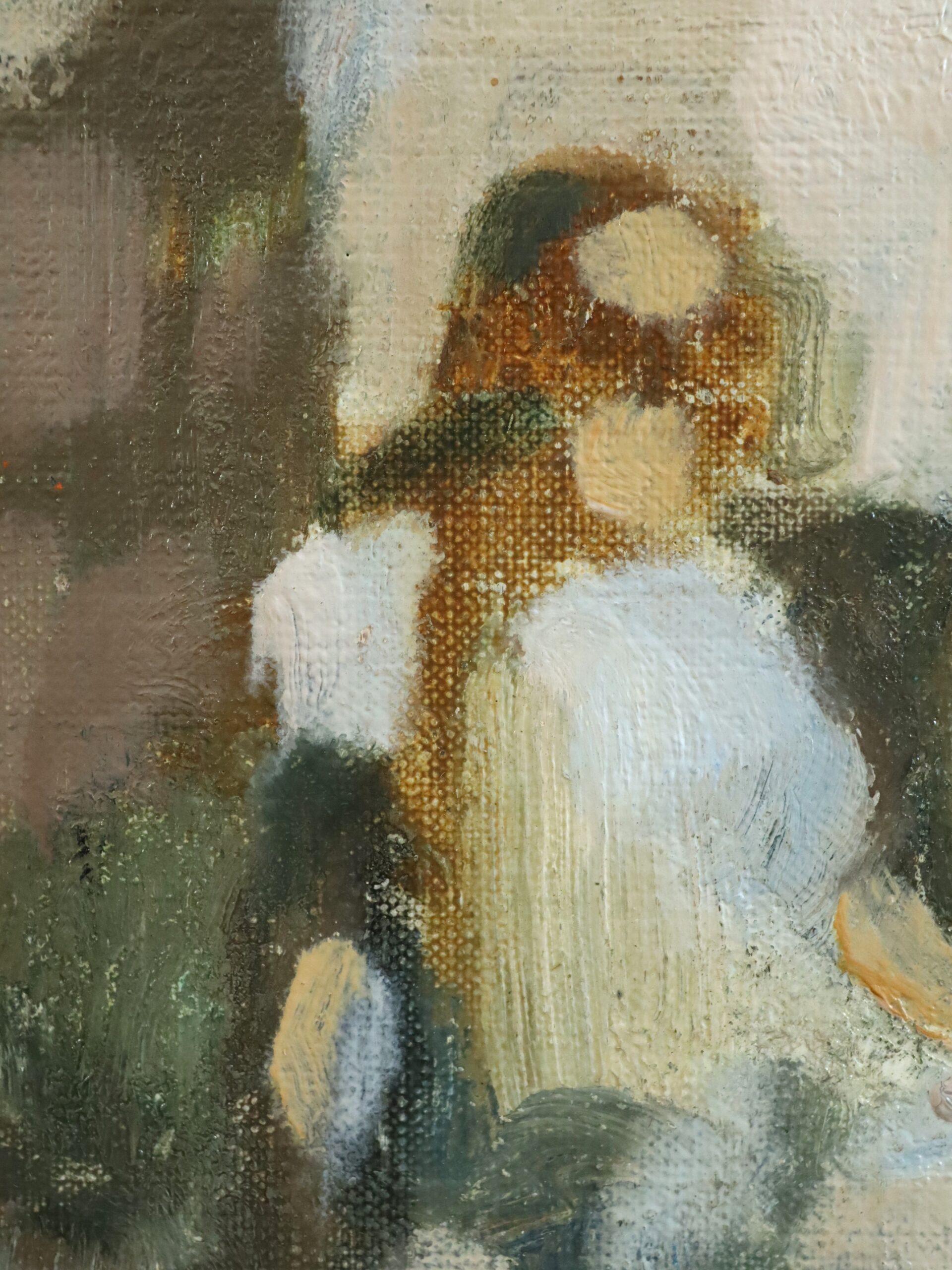Mid Century Modernes Mini Abstraktes Figuratives Ölgemälde - Frau in Ruhestellung im Angebot 5
