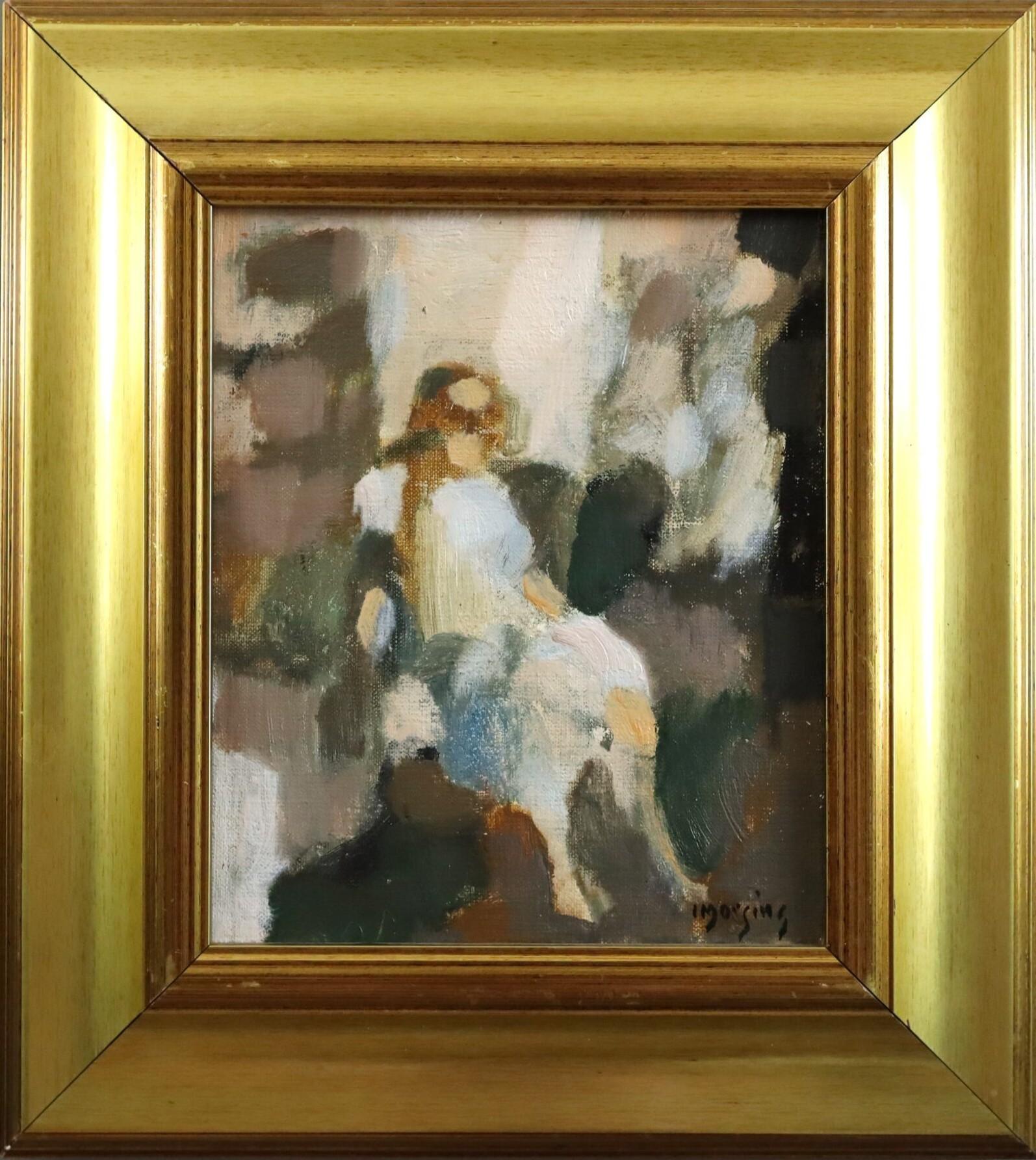  Ivar Morsing Abstract Painting – Mid Century Modernes Mini Abstraktes Figuratives Ölgemälde - Frau in Ruhestellung