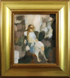 Mid Century Modernes Mini Abstraktes Figuratives Ölgemälde - Frau in Ruhestellung