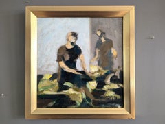 Mid Century Modern Mini Original Abstract Figurative Oil Painting - The Stall