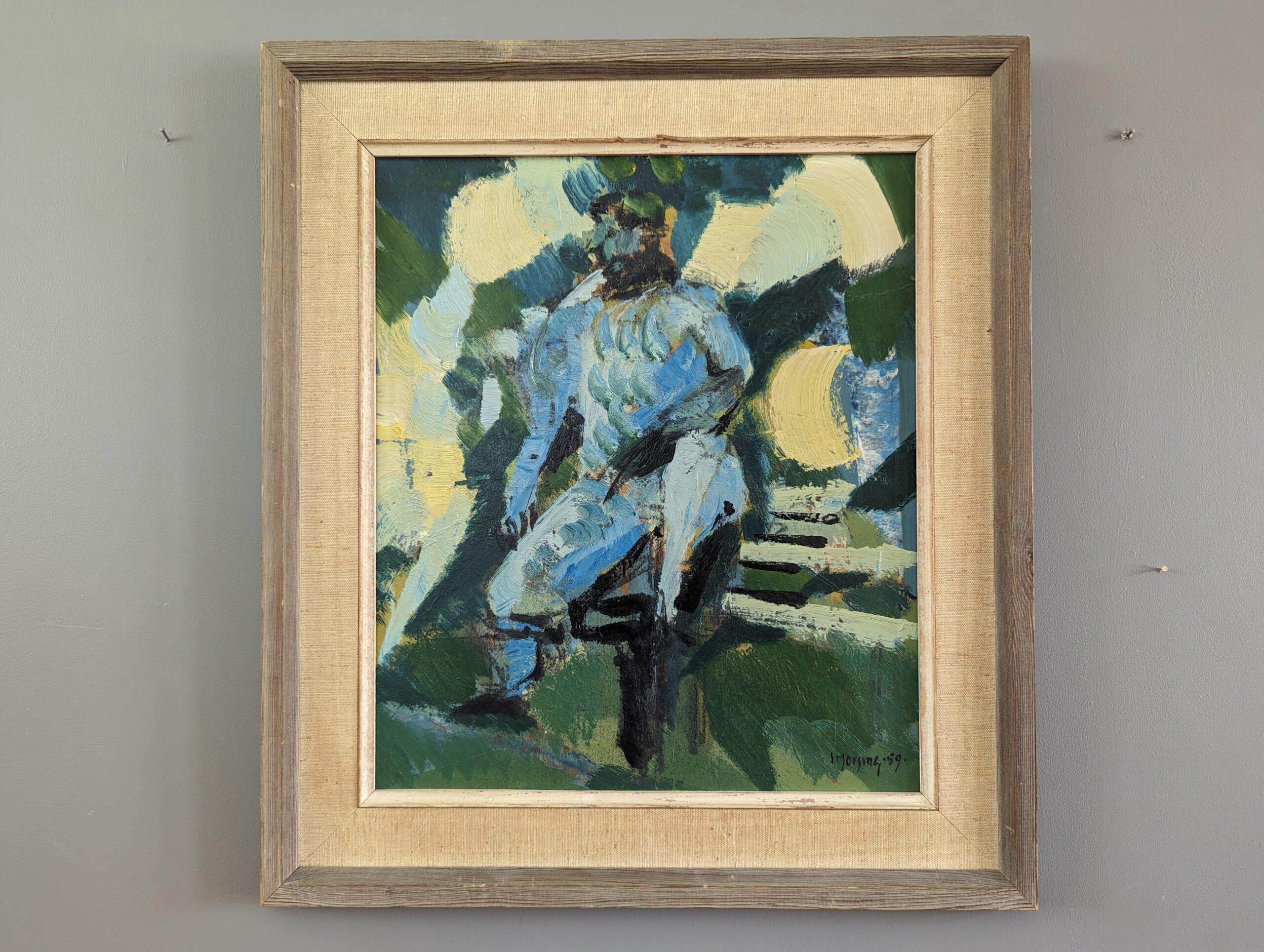 Peinture à l'huile abstraite encadrée du milieu du siècle dernier - Man on a Bench - Painting de  Ivar Morsing