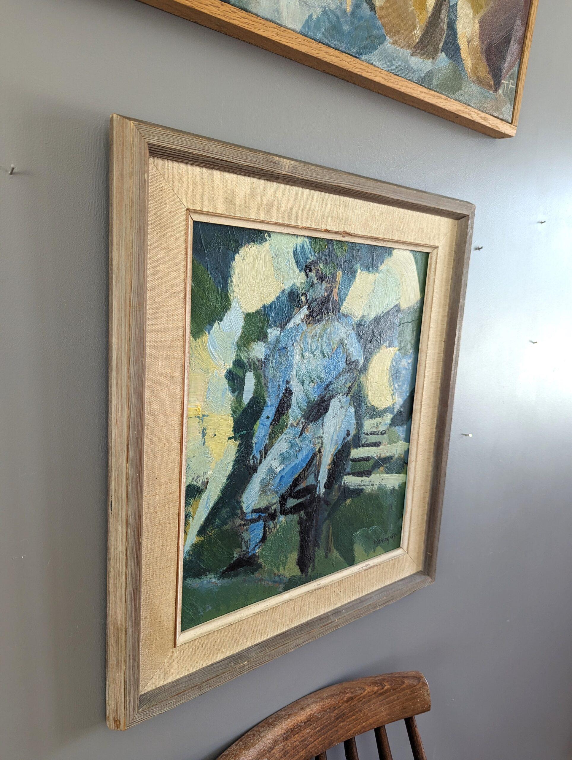 Peinture à l'huile abstraite encadrée du milieu du siècle dernier - Man on a Bench - Moderne Painting par  Ivar Morsing