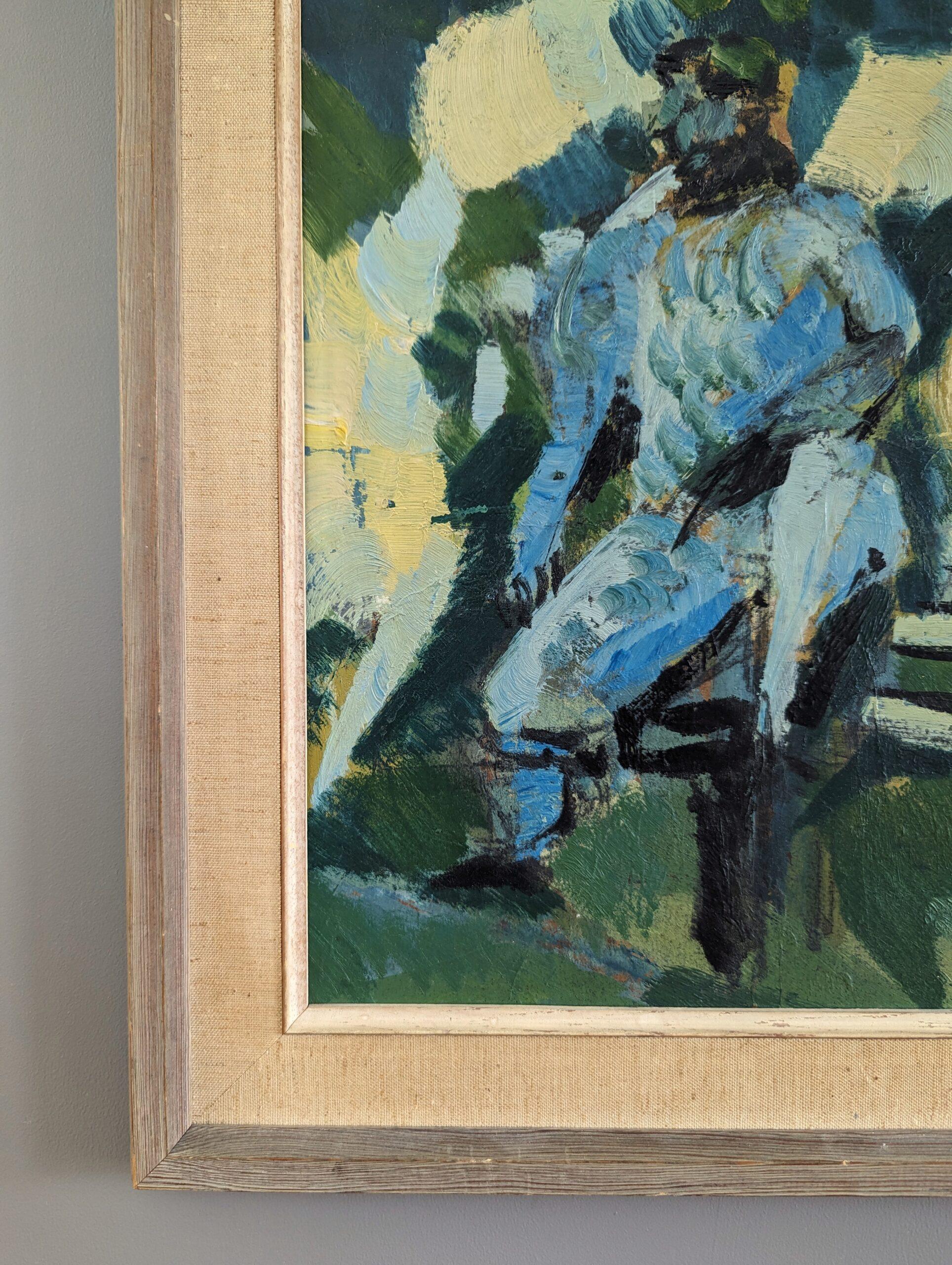 Peinture à l'huile abstraite encadrée du milieu du siècle dernier - Man on a Bench 3
