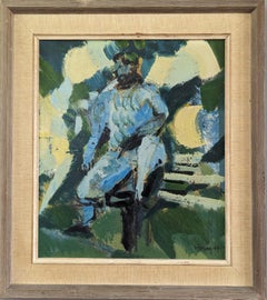 Pittura ad olio astratta figurativa incorniciata d'epoca della metà del secolo scorso - Uomo su una panchina