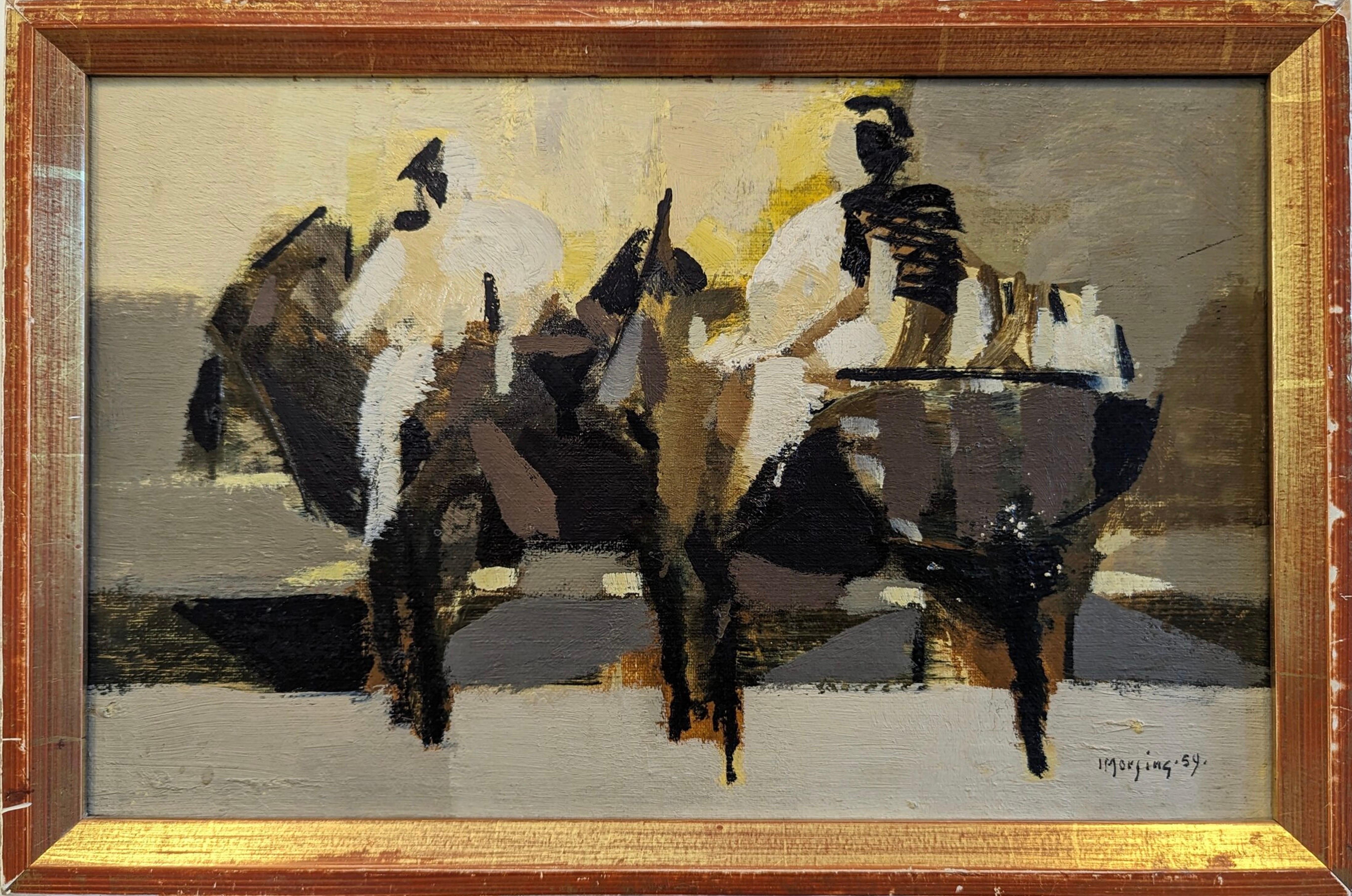 ALTEA
Size: 25 x 38 cm (including frame)
Oil on Board

A brilliantly executed semi-abstract mid-century modernist oil composition, painted in 1959 by the established Swedish artist Ivar Morsing (1919-2009), whose works have been exhibited in public