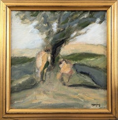 Vintage Mid-Century Mini Abstract Figurative Framed Oil Painting - By the Tree