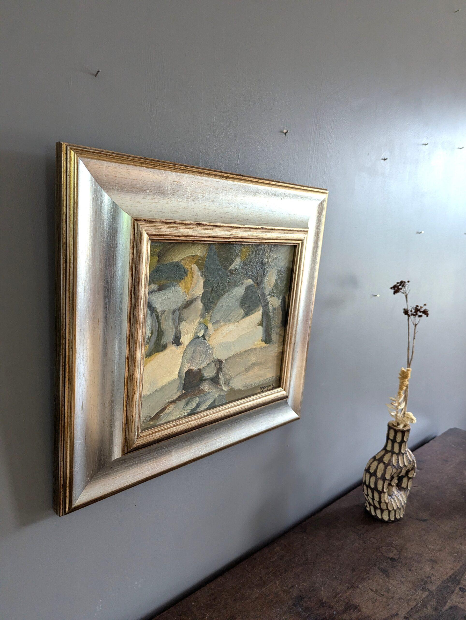 Vintage Mid-Century Mini Abstract Figurative Framed Oil Painting - Forest Ponder 10