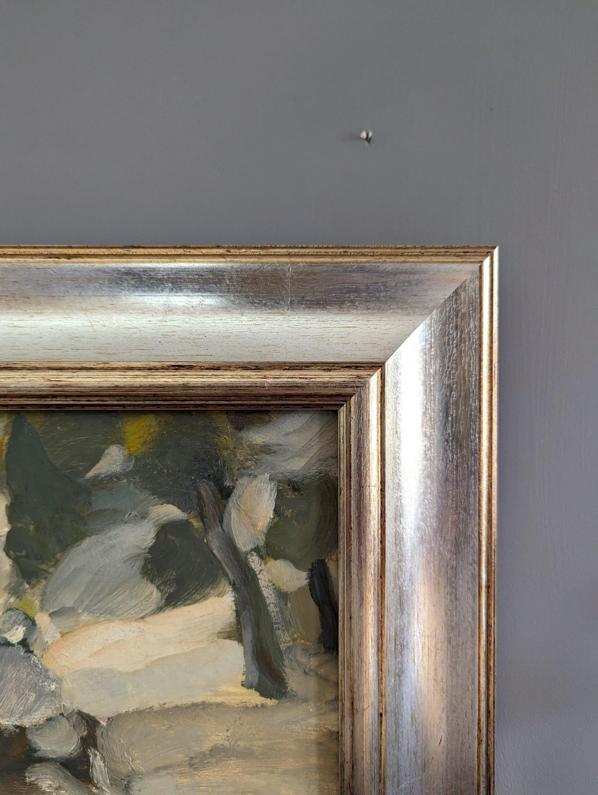 Vintage Mid-Century Mini Abstract Figurative Framed Oil Painting - Forest Ponder 12