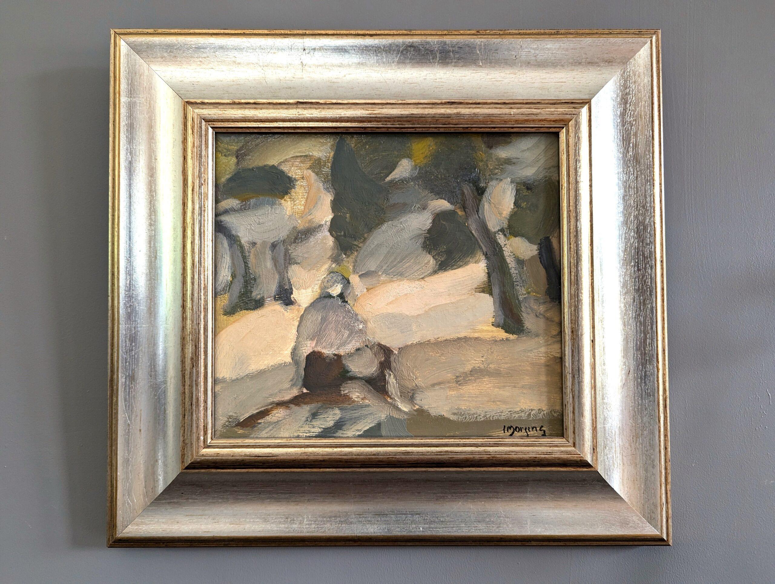 Vintage Mid-Century Mini Abstract Figurative Framed Oil Painting - Forest Ponder - Brown Abstract Painting by  Ivar Morsing