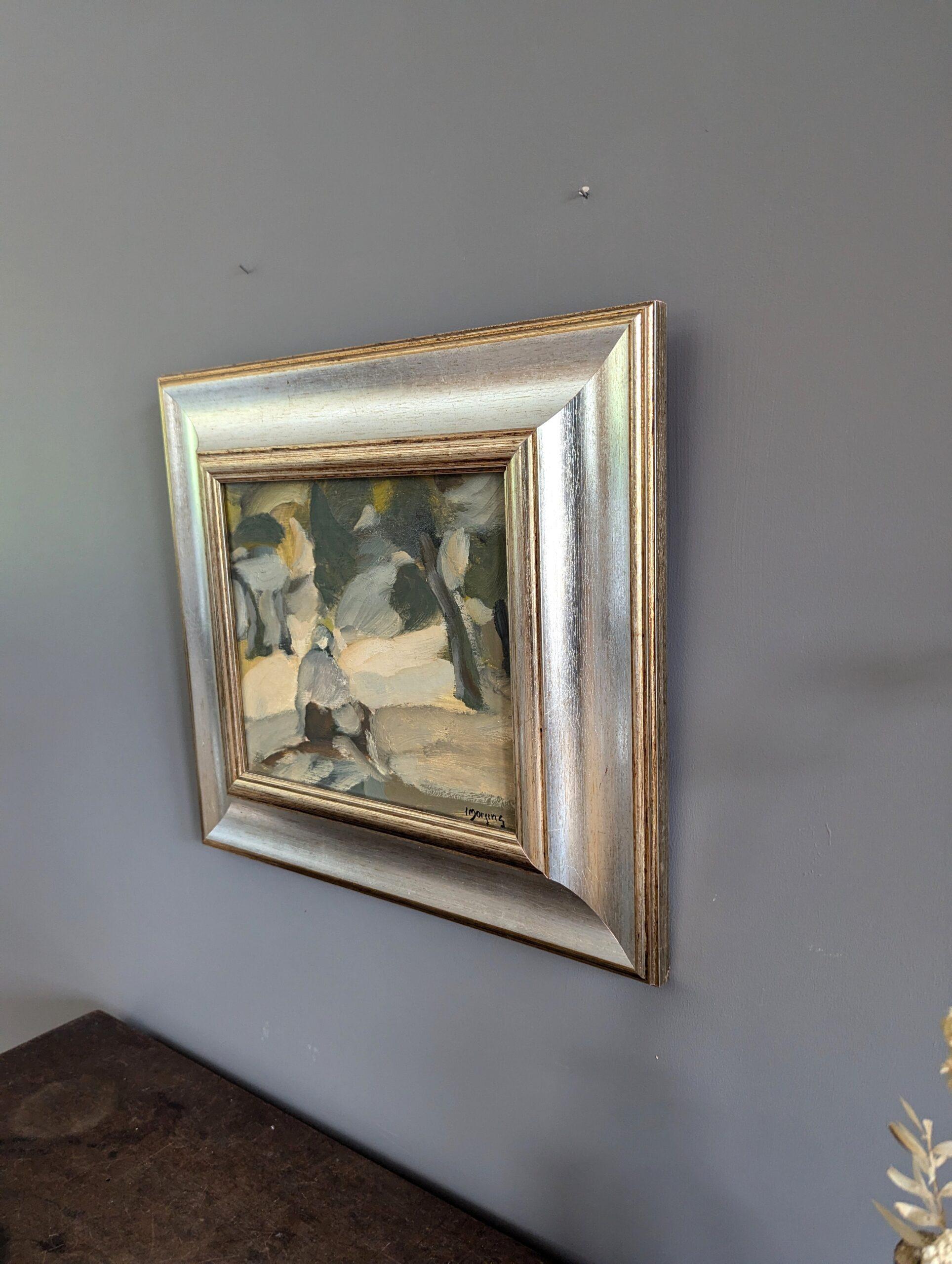 Vintage Mid-Century Mini Abstract Figurative Framed Oil Painting - Forest Ponder 2