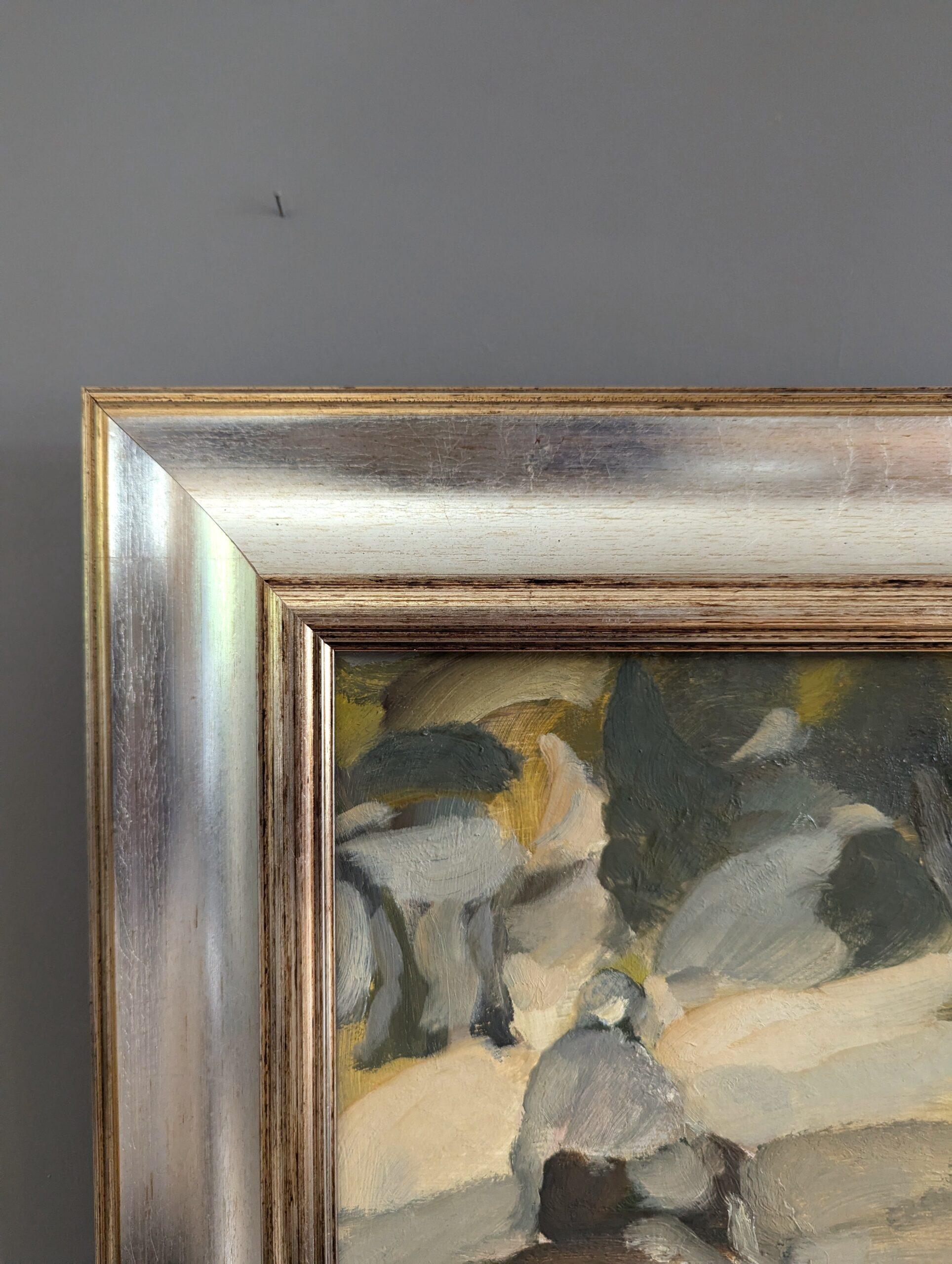 Vintage Mid-Century Mini Abstract Figurative Framed Oil Painting - Forest Ponder 3