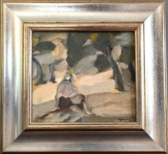 Vintage Mid-Century Mini Abstract Figurative Framed Oil Painting - Forest Ponder