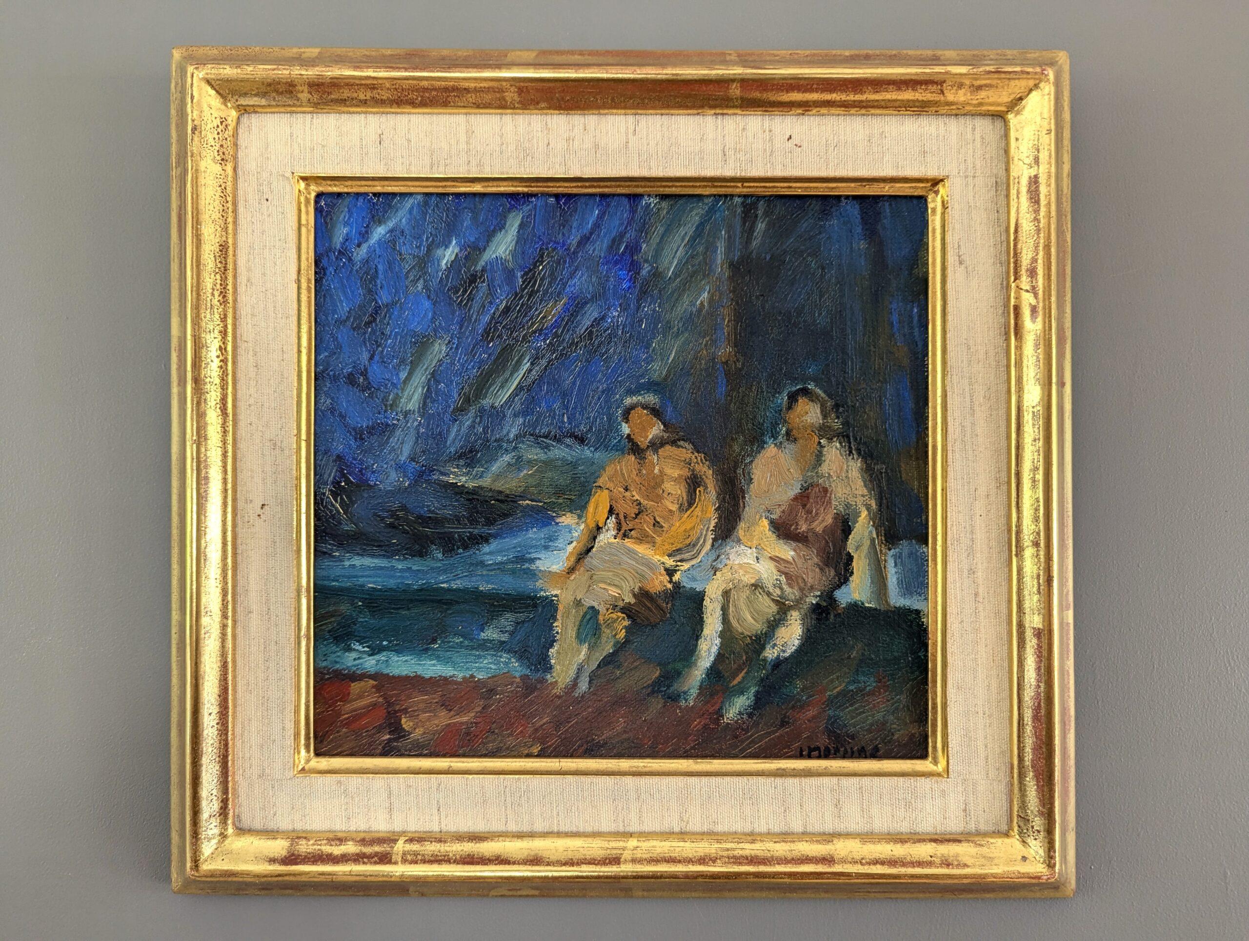 Mini pittura ad olio astratta figurativa incorniciata della metà del secolo scorso - Unspoken Bond - Painting di  Ivar Morsing