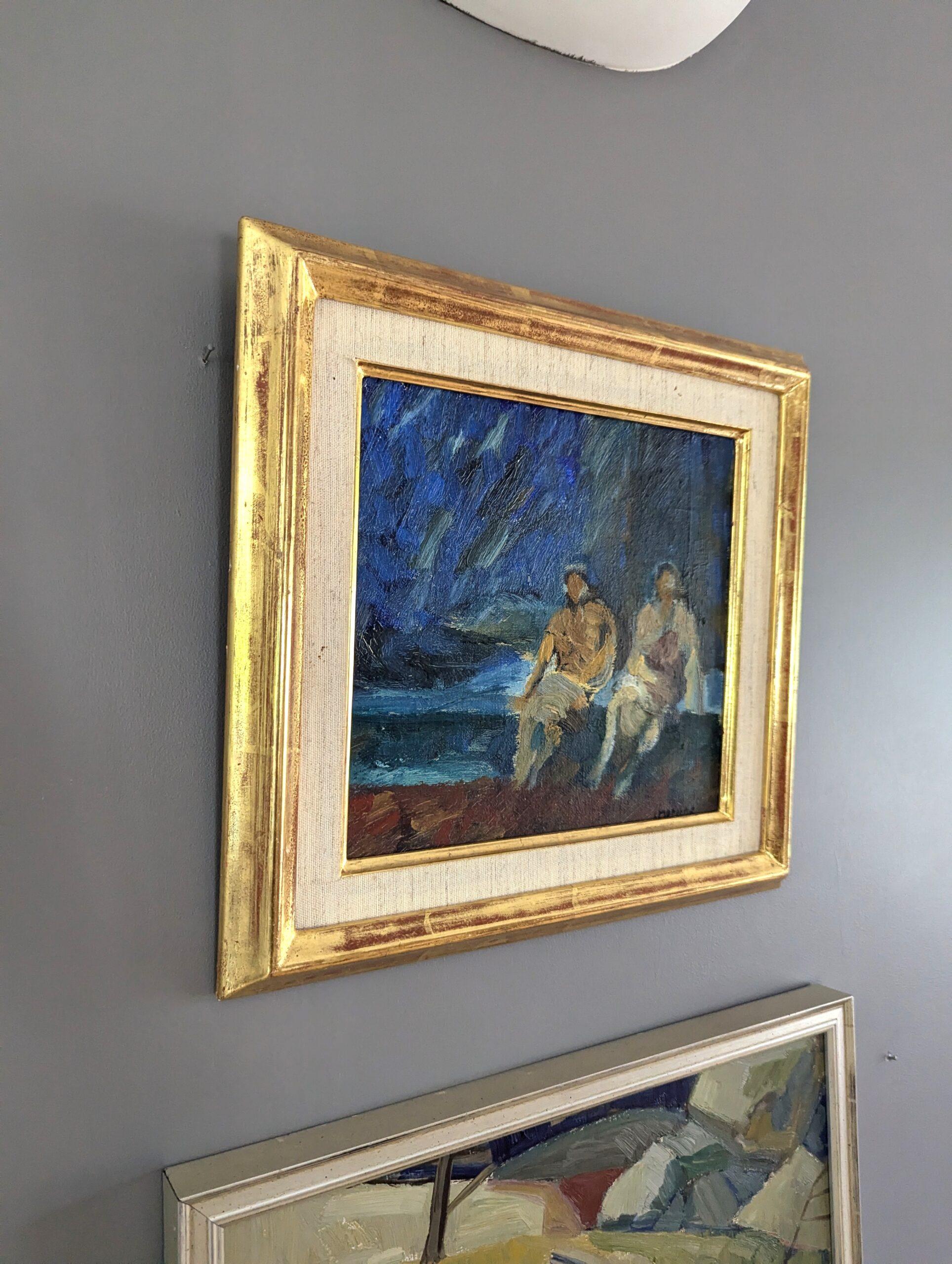 Mini pittura ad olio astratta figurativa incorniciata della metà del secolo scorso - Unspoken Bond - Painting Moderno di  Ivar Morsing