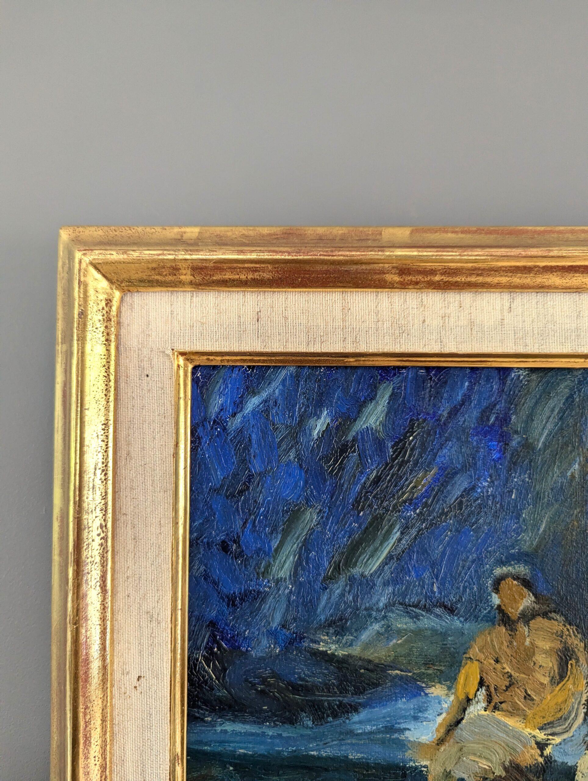 Mini pittura ad olio astratta figurativa incorniciata della metà del secolo scorso - Unspoken Bond 1